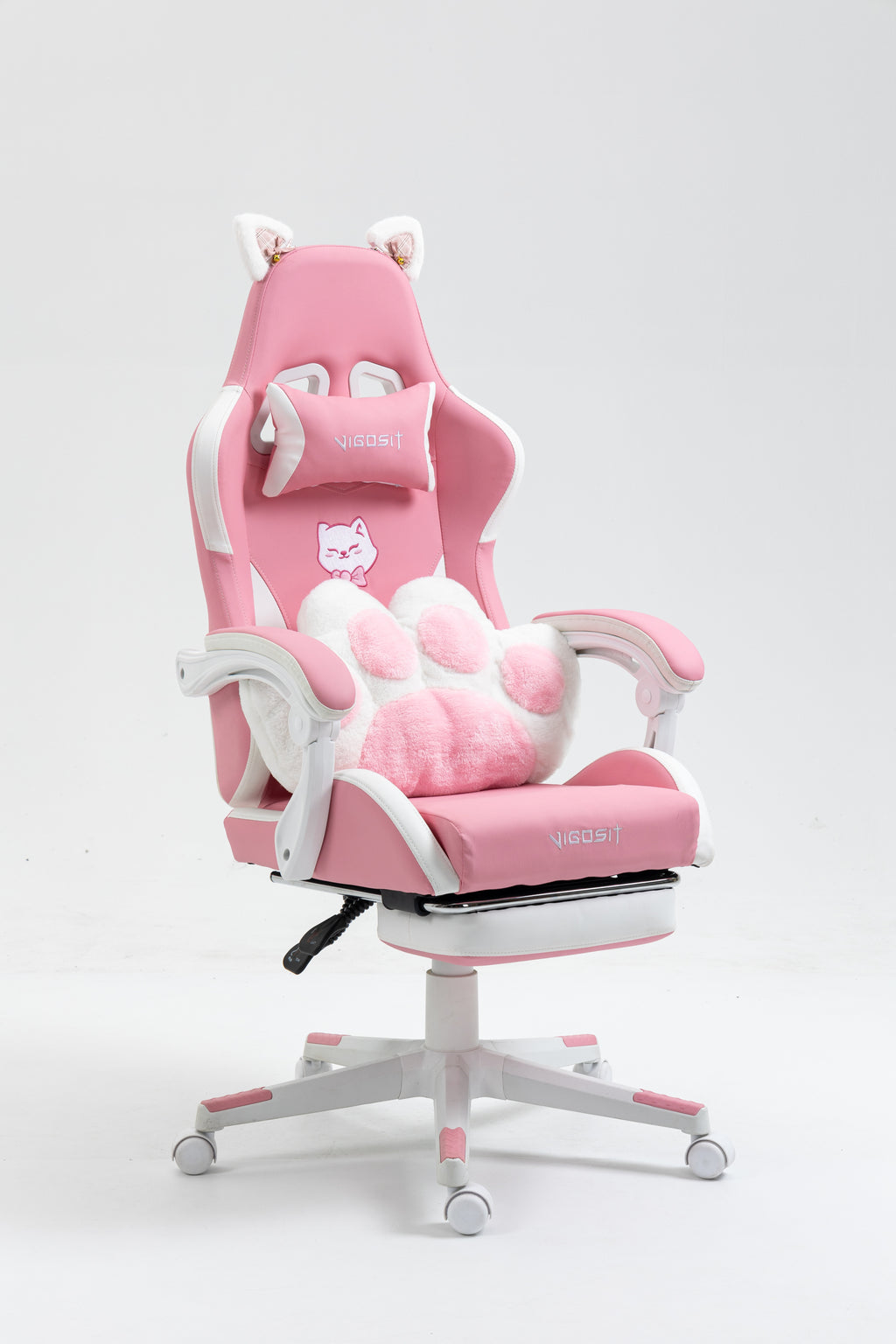 Cat Ears Pink Gaming Chair - Pink PU Leather Ergonomic Reclining Office Chair with Footrest, 310lb Capacity, 6-Position Recli