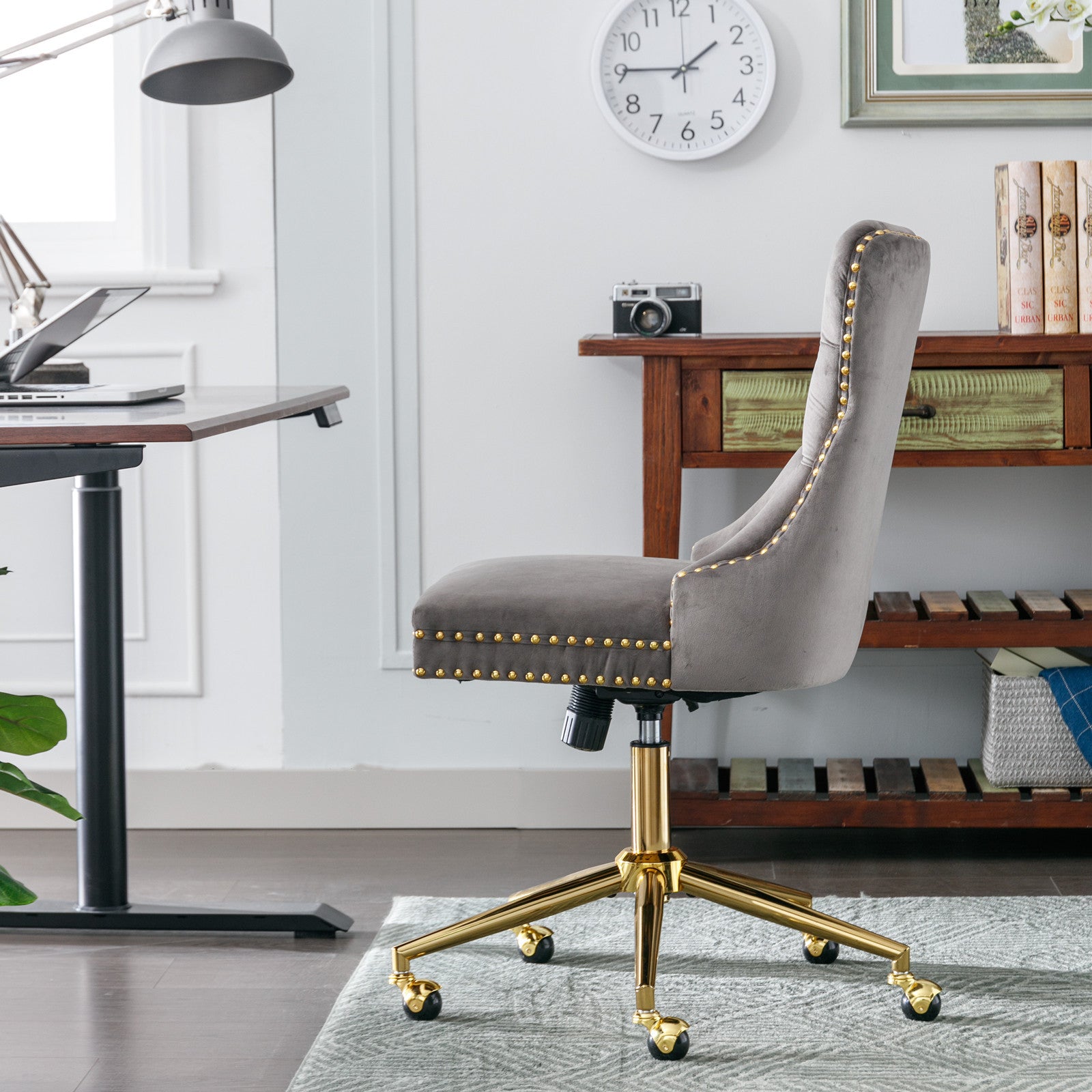 Stylish A&A Furniture Office Chair,Velvet Upholstered Tufted Button Home Office Chair with Golden Metal Base,Adjustable Desk 