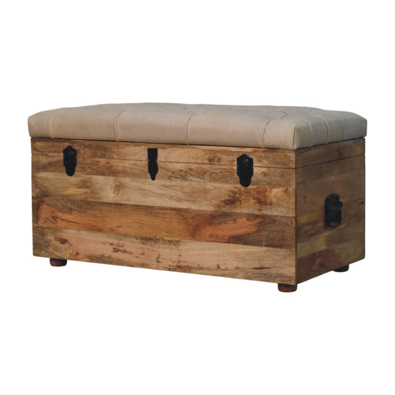 Solid Wood  Buffalo Hide Leather Upholstered Storage Trunk, Beige and Brown - Grand Goldman Shop