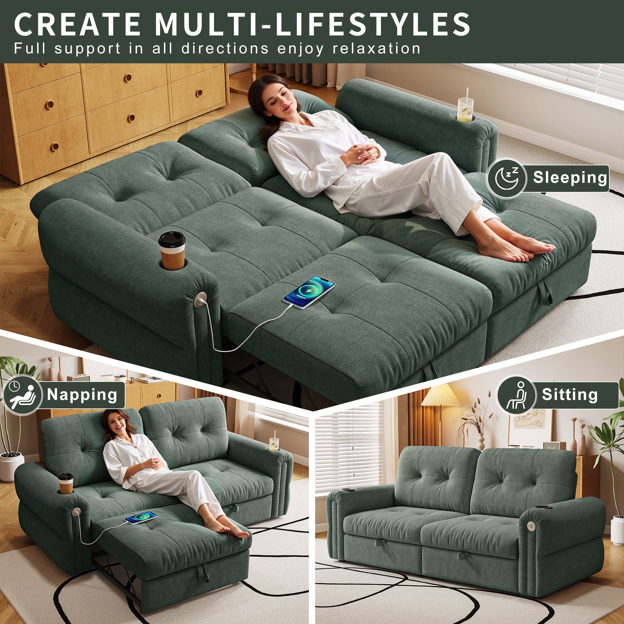 It is a multi-functional sofa, a 77-inch convertible sofa bed, and a 2-in-1 piece suitable for both sitting and lying down. Made of  Chenille fabric, it is suitable for living rooms, bedrooms - Grand Goldman Shop