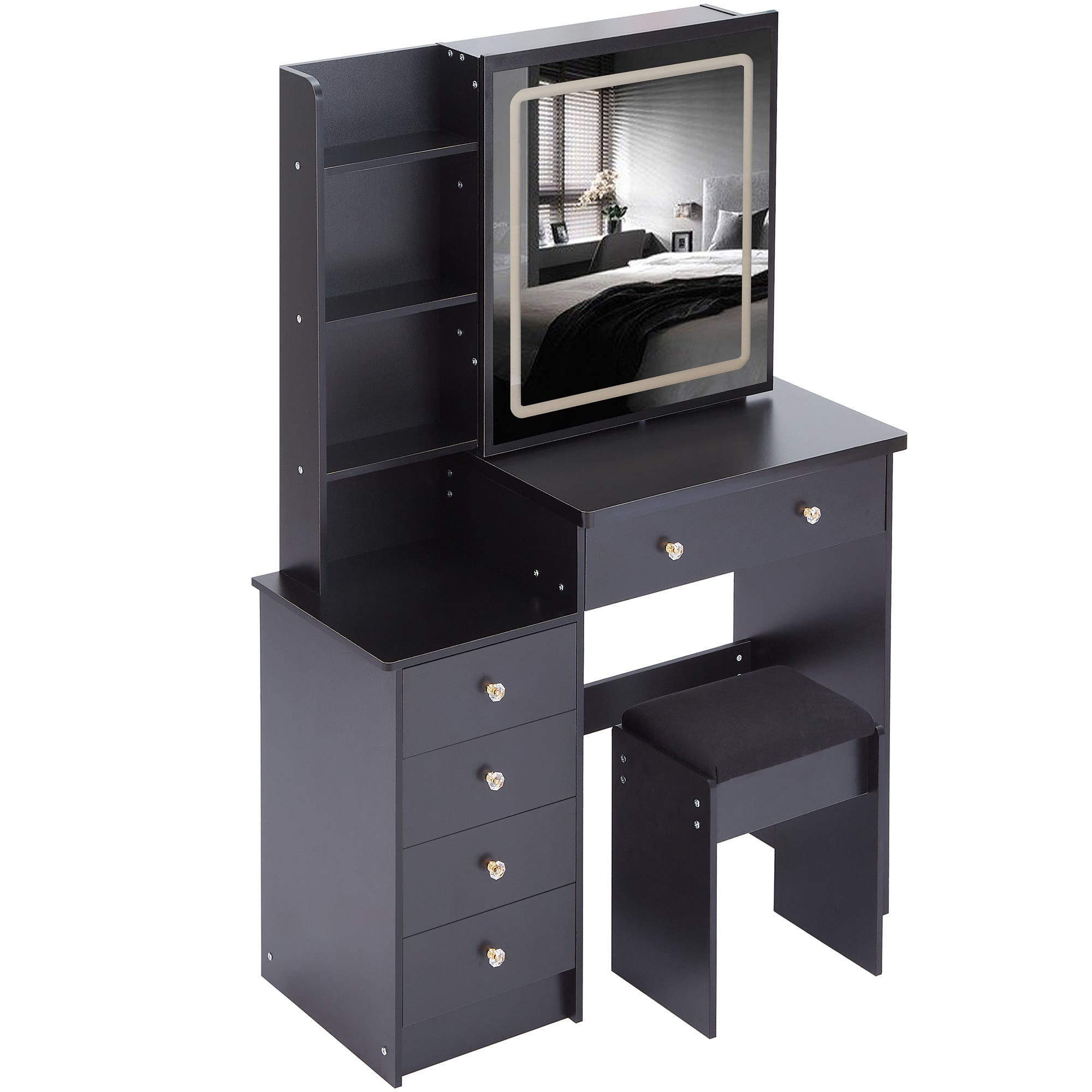 37' Middle Size Left Bedside Cabinet Vanity Table + Cushioned Stool Dresser Set, 2 AC+2 USB Socket, Hair Dryer Stand, Large Touch Control LED Sliding Mirror, 3-color Switch, EPA, GCC, UL Certificate - Grand Goldman Shop