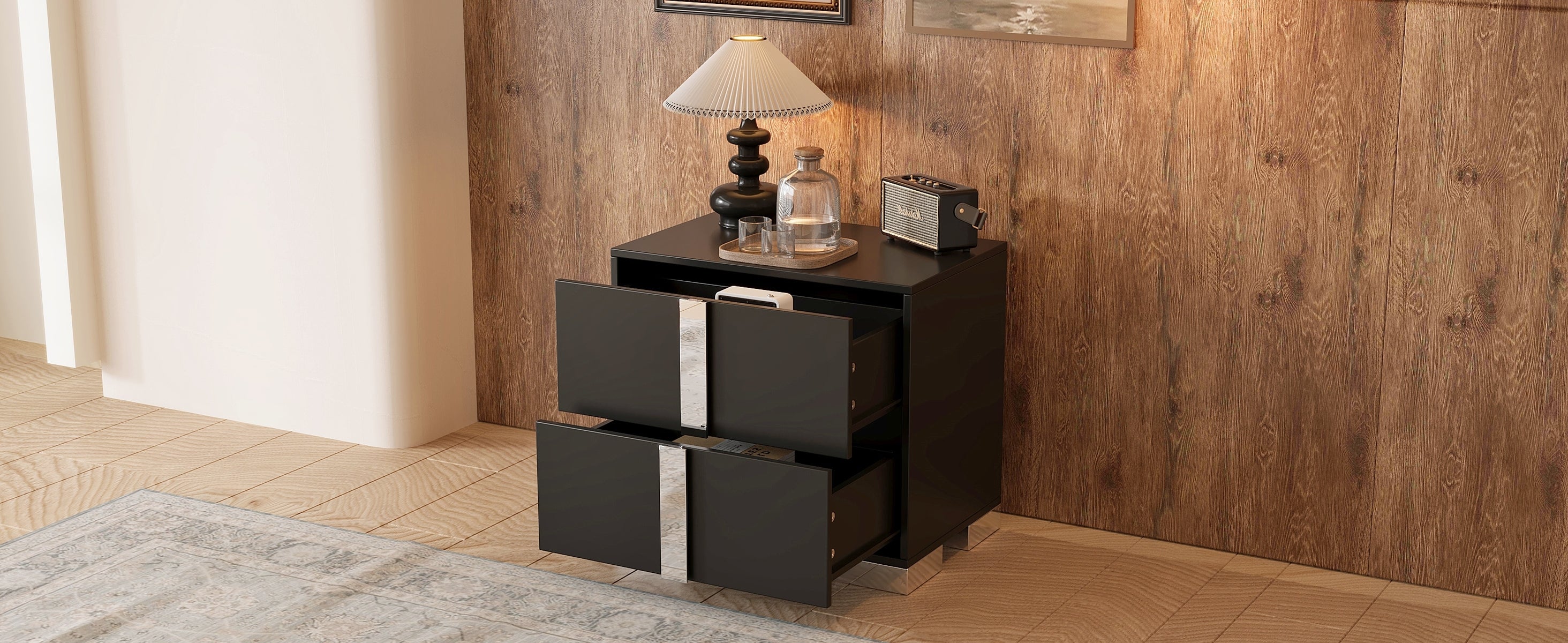 Elegant Nightstand with Metal Foot, Mirrored Bedside Table with 2 Drawers for Bedroom, Living Room, Black - Grand Goldman Shop