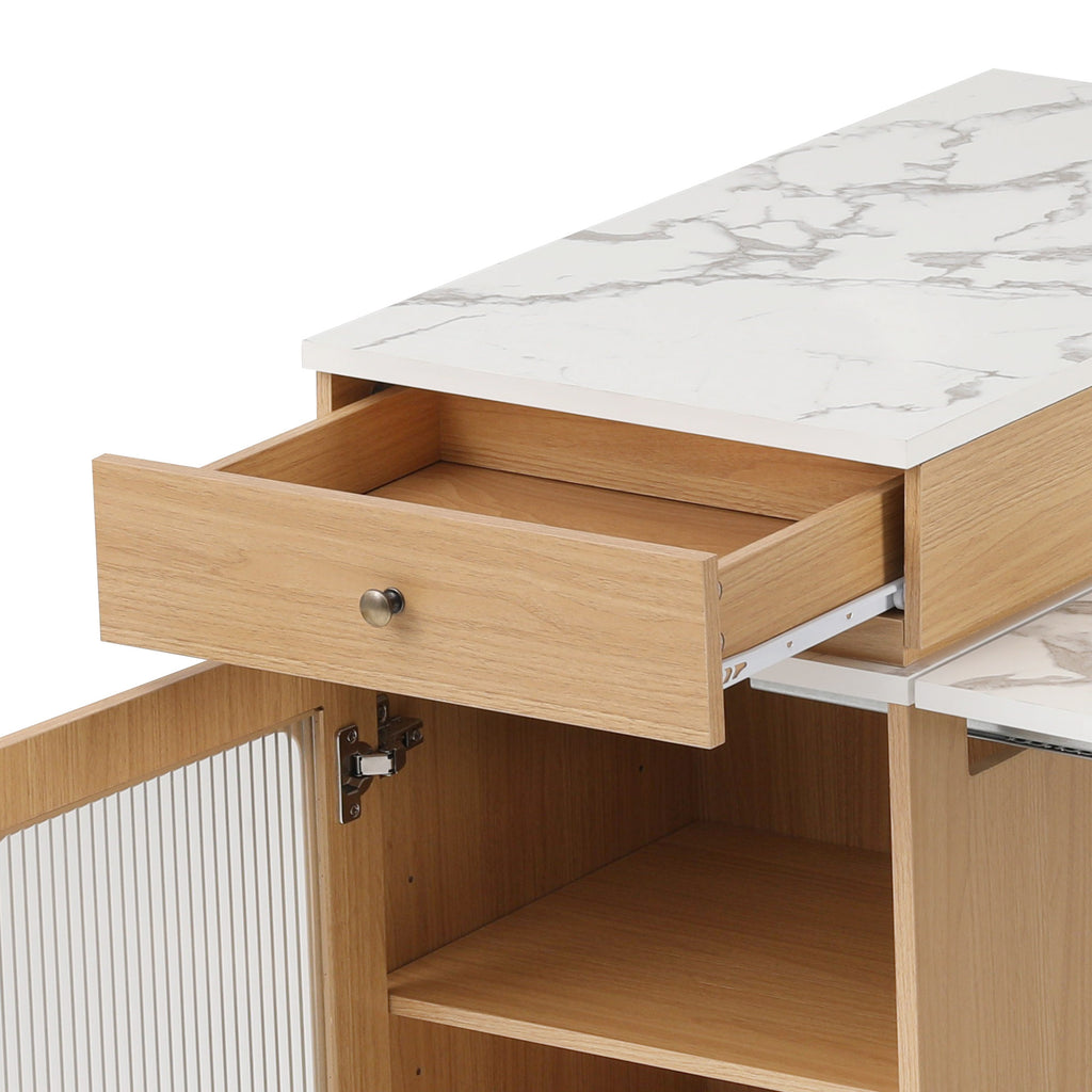 K&K 59.5'Kitchen Island with Extendable Dining Table, Kitchen Storage Table with Double-sided Storage, Kitchen Island with 2 Drawers, Power Outlet, Side Open Shelves, for Kitchen, Dining Room, Natural - Grand Goldman Shop