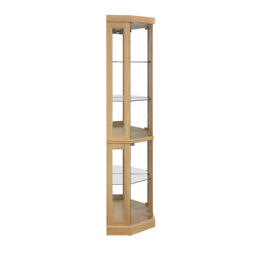 Corner Glass Cabinet Lighted Curio Cabinet Corner Display Case for Living Room, Curio Cabinet, Antique collection, Wine,Bar Glass Storage Light Included, Light oak - Grand Goldman Shop