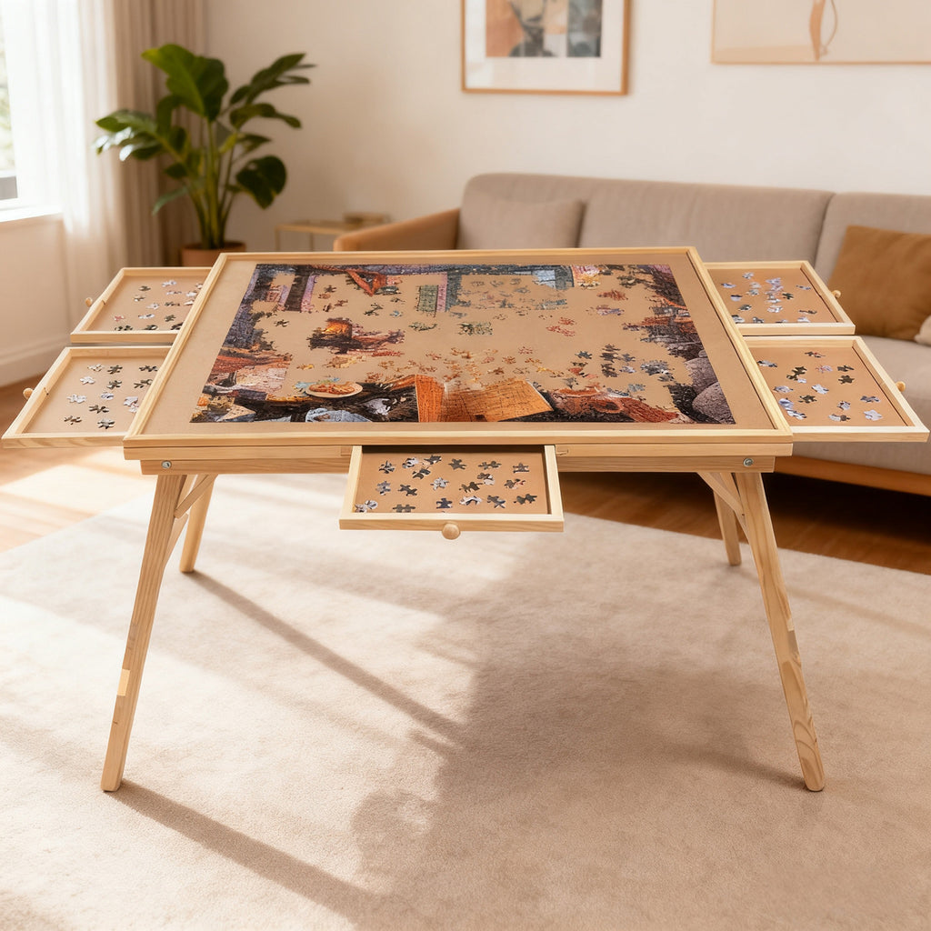 27' H Tall 1500 Piece Puzzle Table with Legs, 5 Drawers, 34' W x 26' D Large Wood Folding Jigsaw Puzzle Board for Adults, Nat