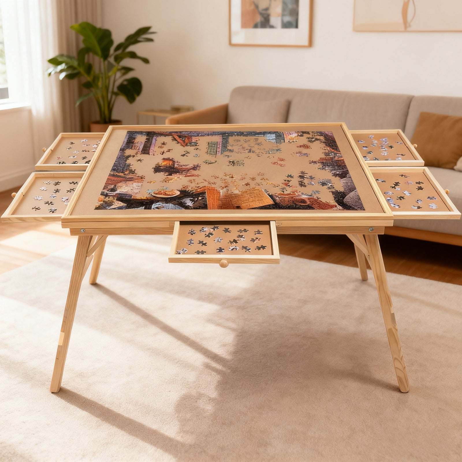 27' H Tall 1500 Piece Puzzle Table with Legs, 5 Drawers, 34' W x 26' D Large Wood Folding Jigsaw Puzzle Board for Adults, Nat