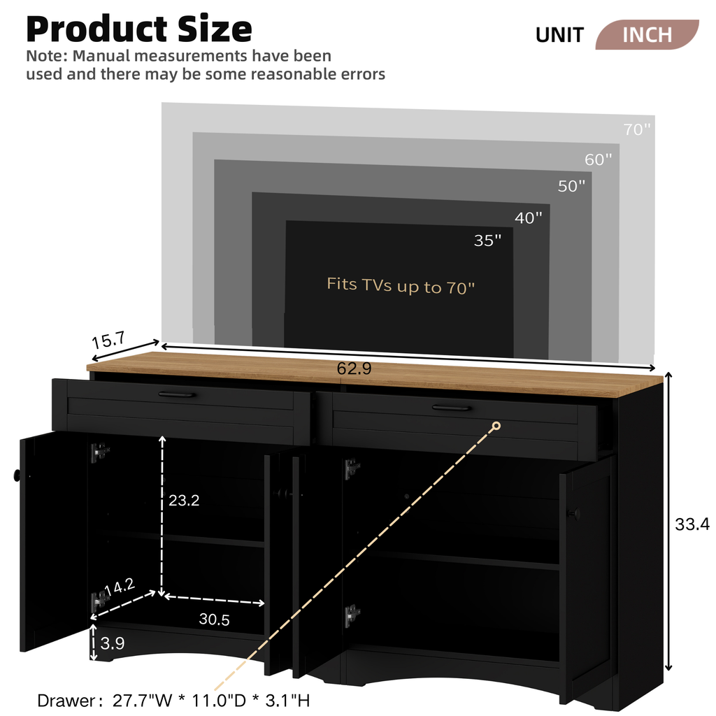 ON-TREND Farmhouse TV Stand with 2 Drawers for TVs Up to 70', Versatile Wood Grain Sideboard with Adjustable Shelves, Mid-Century Buffet Cabinet with Rustic Handles for Living Room/Bedroom, Black - Grand Goldman Shop