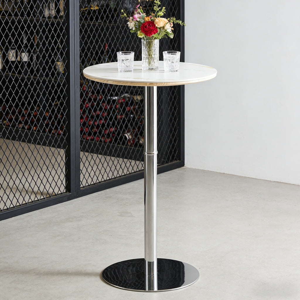 Rock slab circular tabletop non adjustable (39 inches high) bar table, bar table with silver legs and base (white) - Grand Goldman Shop