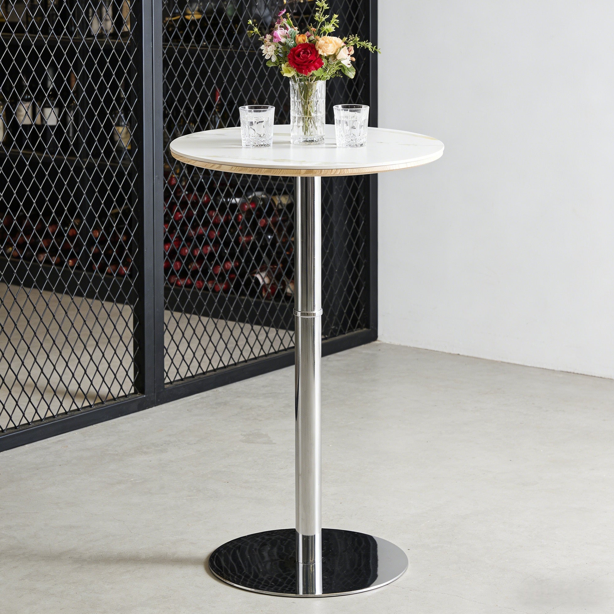 Rock slab circular tabletop non adjustable (39 inches high) bar table, bar table with silver legs and base (white) - Grand Goldman Shop