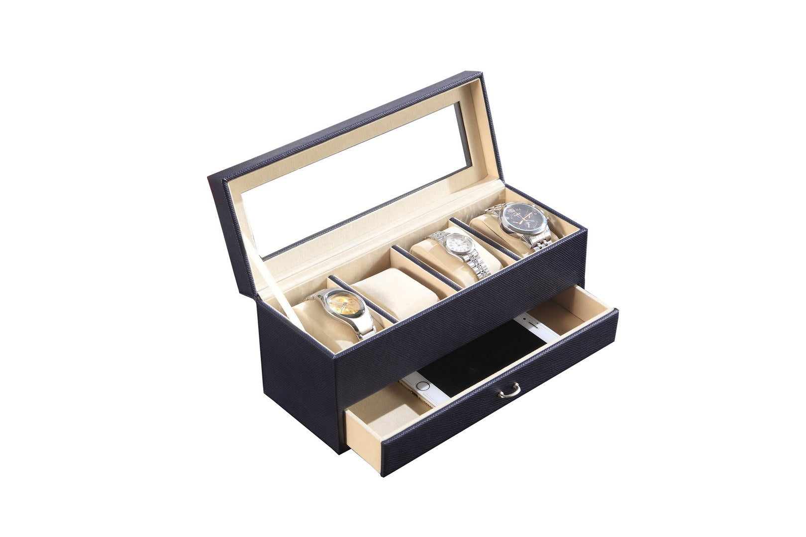 9.3' Long Tempered Glass and Leather Jewelry / Watch Display with Drawers, Blue - Grand Goldman Shop