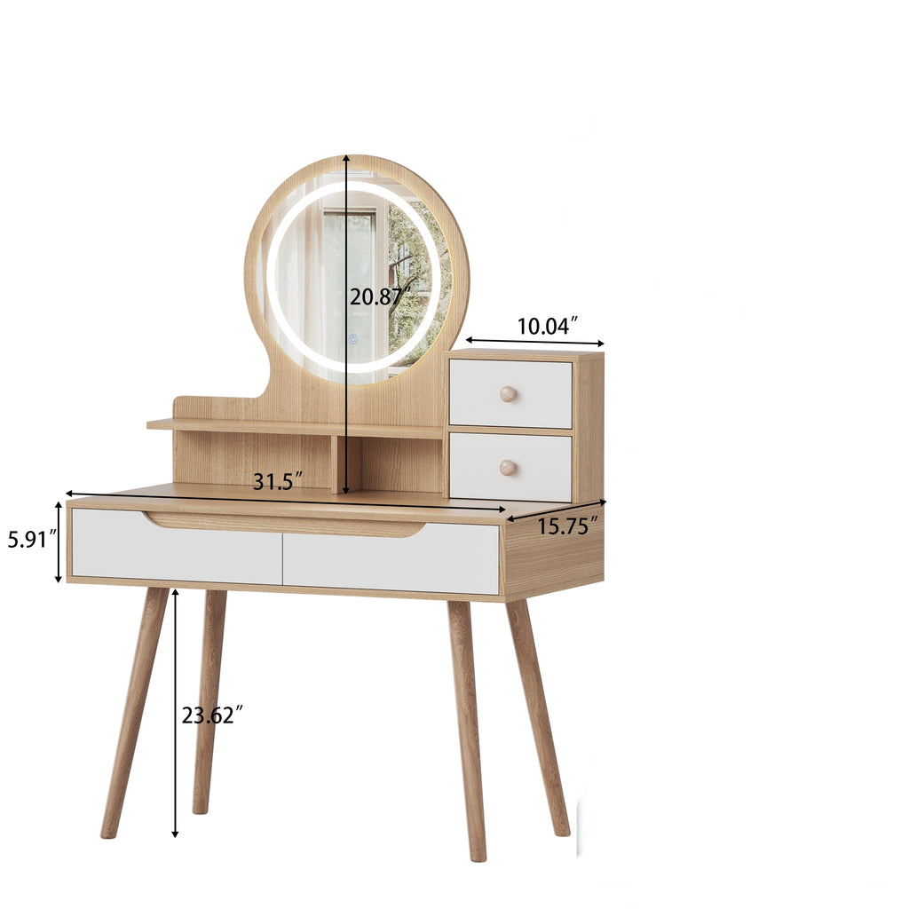 Elegant Makeup Vanity Desk with Adjustable Lighted Mirror, Solid Wood Table Feet, American White Oak, MDF, Compact Size - Grand Goldman Shop