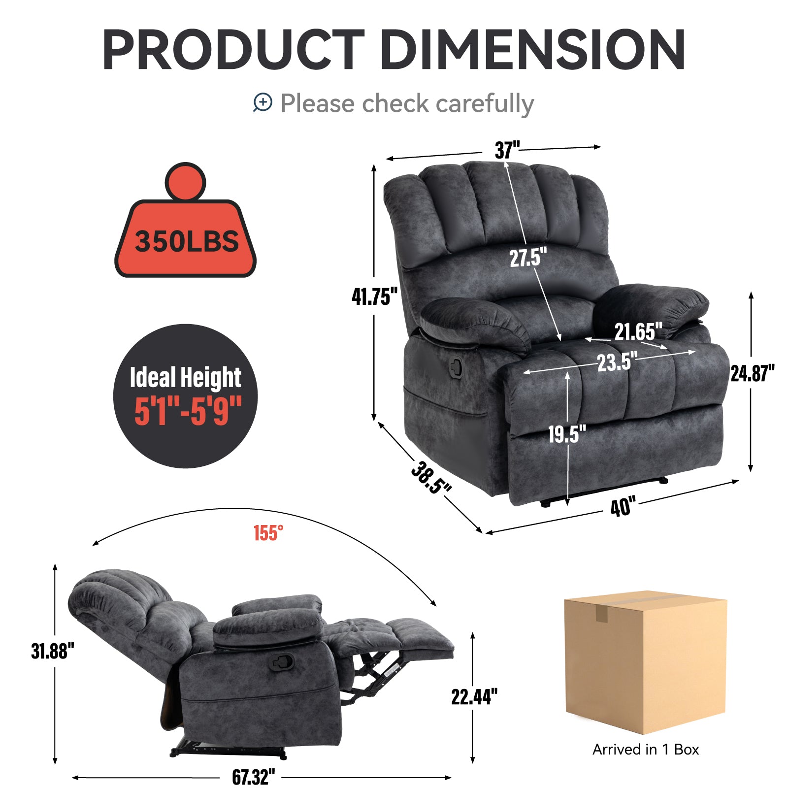 Large Manual Recliner Chair in Fabric for Living Room, Grey - Grand Goldman Shop