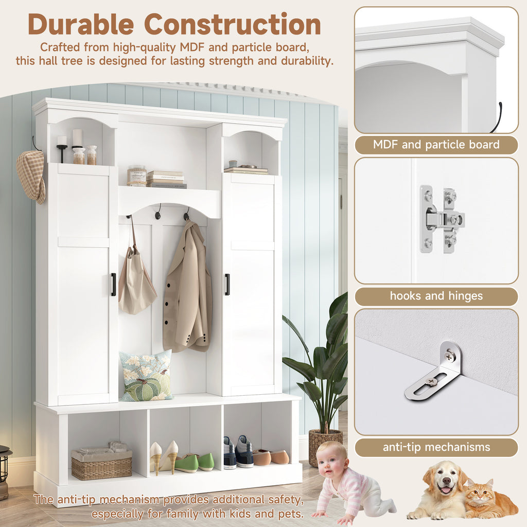 ON-TREND Modern All-in-One Hall Tree with Adjustable Shelves, Classic Arched Farmhouse Storage Bench with Dual Side Cabinets, Elegant Entryway Organizer with 7 Hooks for Mudroom, Hallway, White - Grand Goldman Shop