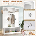 ON-TREND Modern All-in-One Hall Tree with Adjustable Shelves, Classic Arched Farmhouse Storage Bench with Dual Side Cabinets, Elegant Entryway Organizer with 7 Hooks for Mudroom, Hallway, White - Grand Goldman Shop