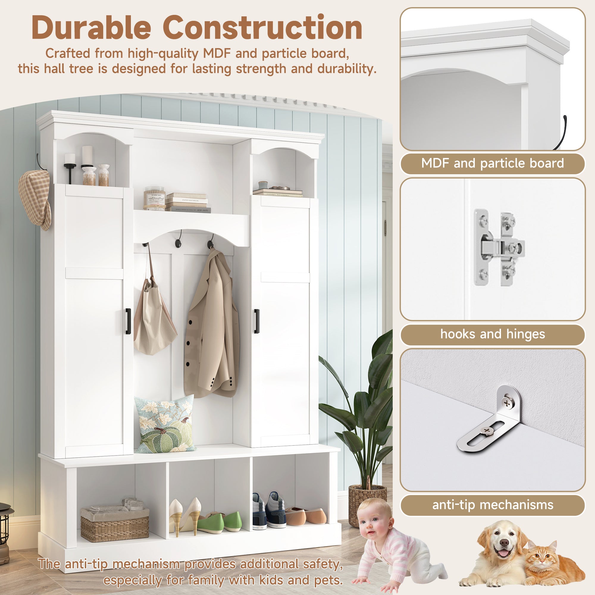 ON-TREND Modern All-in-One Hall Tree with Adjustable Shelves, Classic Arched Farmhouse Storage Bench with Dual Side Cabinets, Elegant Entryway Organizer with 7 Hooks for Mudroom, Hallway, White - Grand Goldman Shop