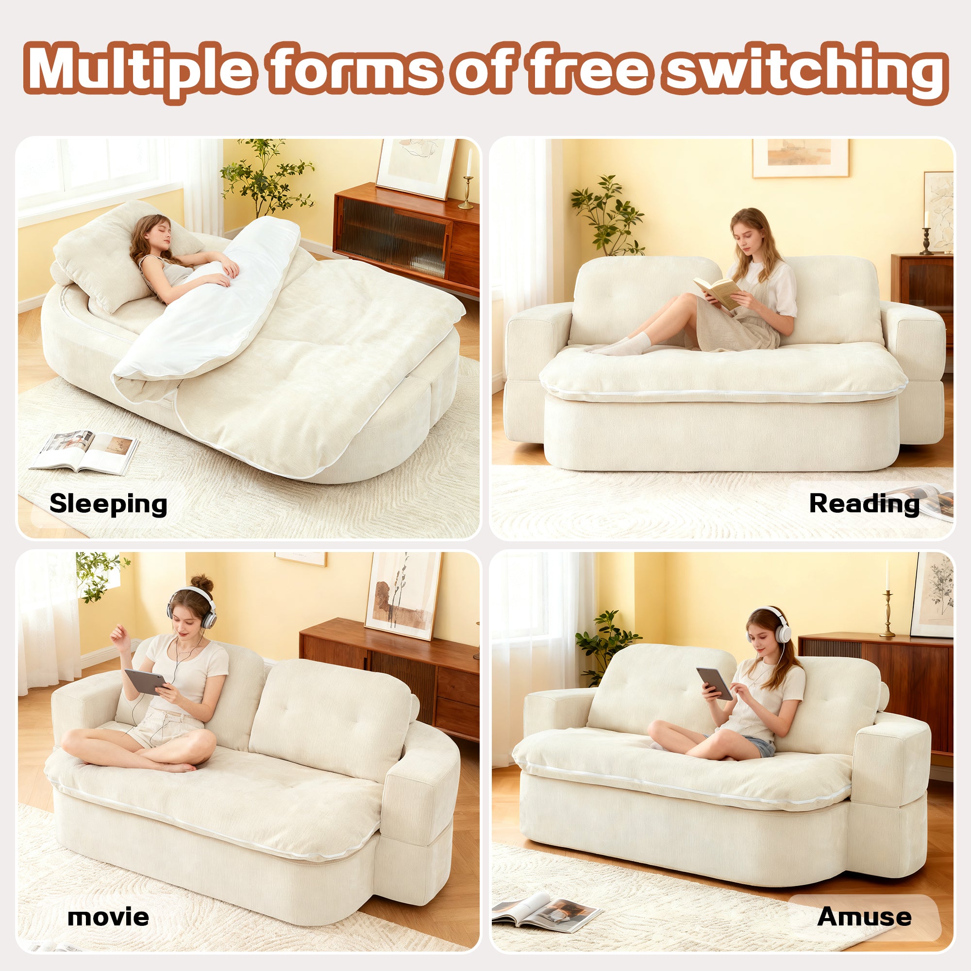 Modern Floor Sofa with 2 Pillows,Convertible Chenille Fabric Foam-Filled Sleeper Sofa Bed, no assembly required,Convertible Sofa Cushion Unfolds into Quilt,Folding Mattress for Living Room,Playroom - Grand Goldman Shop