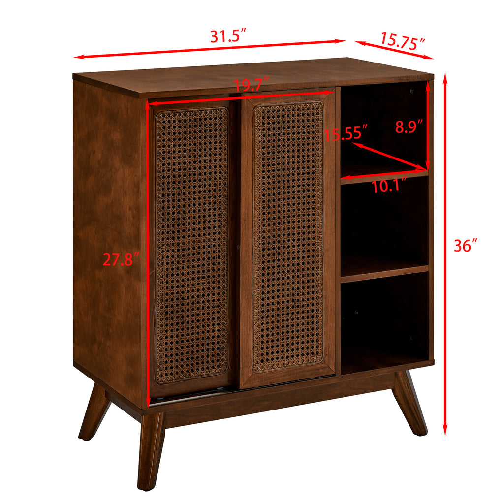 Mid Century Modern Rattan Sideboard Cabinet, Buffet Cabinet for Entryway Hallway Living Room Kitchen Dining Room, Adjustable Shelf & Solid Wood Feet & Rattan Cabinet Doors - Dark Wood - Grand Goldman Shop