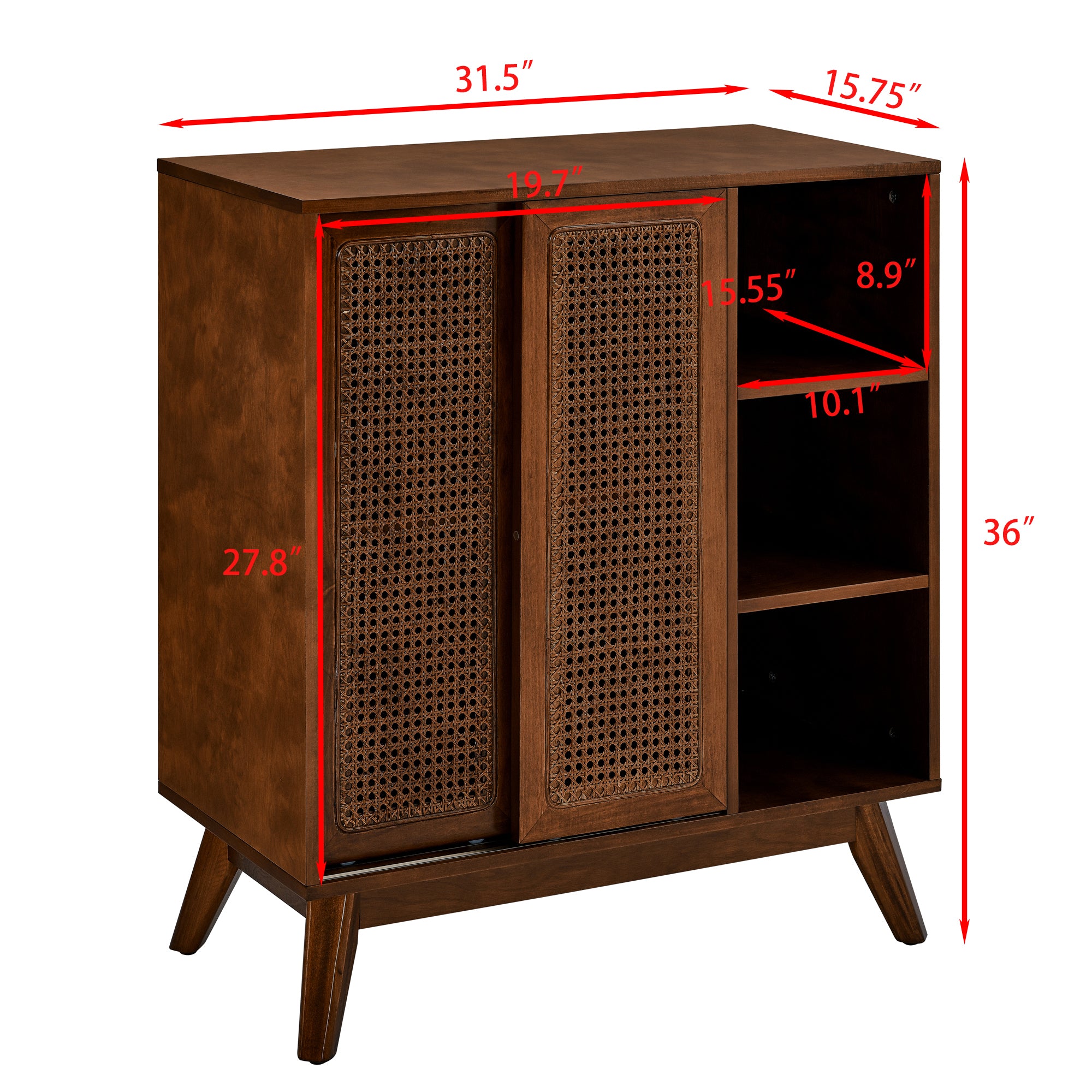 Mid Century Modern Rattan Sideboard Cabinet, Buffet Cabinet for Entryway Hallway Living Room Kitchen Dining Room, Adjustable Shelf & Solid Wood Feet & Rattan Cabinet Doors - Dark Wood - Grand Goldman Shop