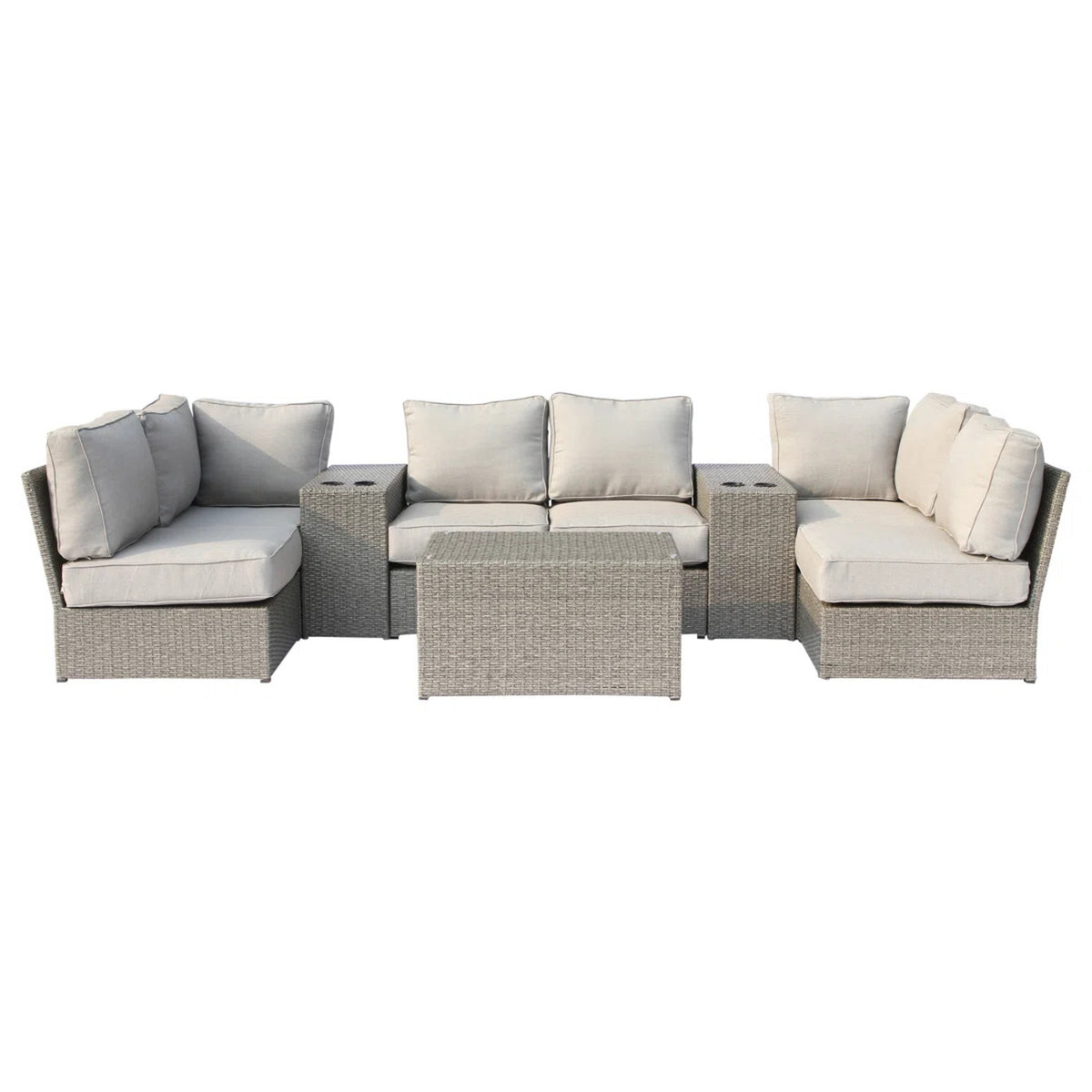 Moderne Outdoor-Sitzgruppe aus Polyrattan für 4 Personen mit Kissen aus grauem HDPE und Aluminium