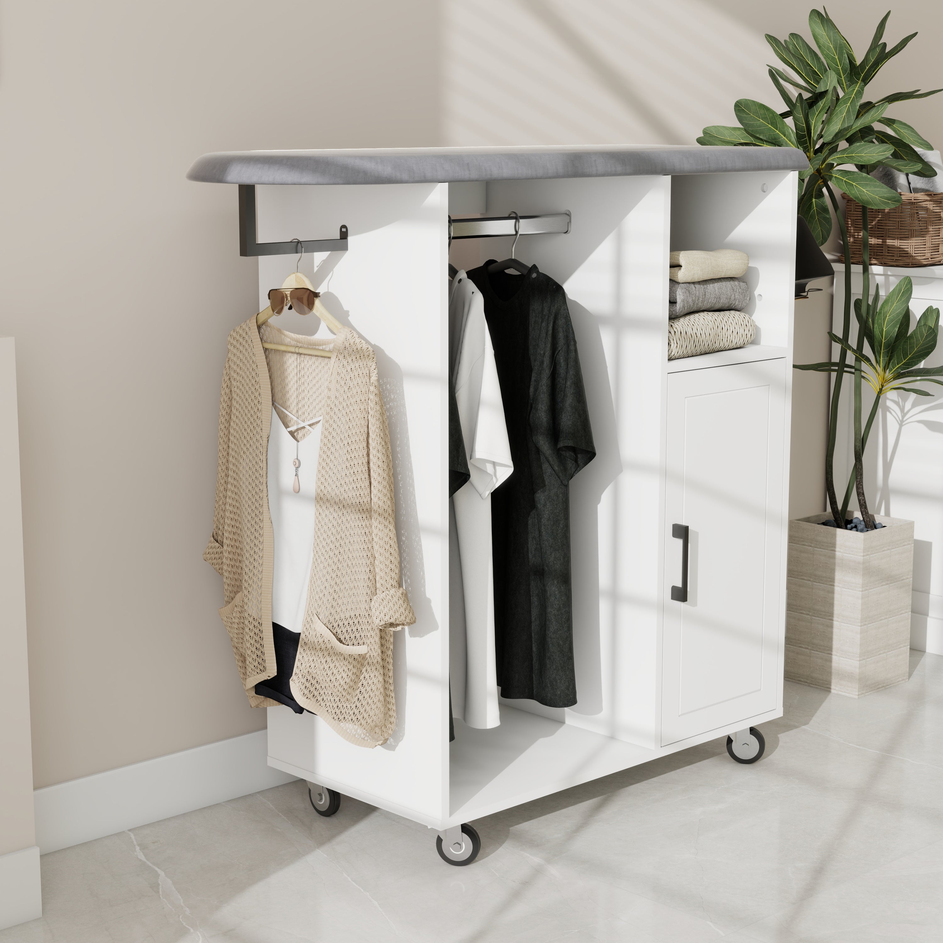 Ironing Cart with Rolling Ironing Board, Multipurpose Ironing Cabinet with Wheels, Compact Ironing Solution for Laundry Room, Bedroom,Cloakroom-White - Grand Goldman Shop
