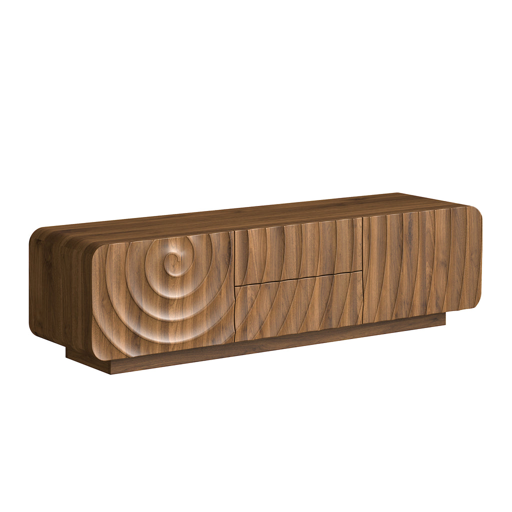 58''Tv Console With Mid Century Unique Spiral Wave Design With Storage Cabinet And 2 Drawers Tv Stand For Living Room, Bedroom, Walnut - Grand Goldman Shop