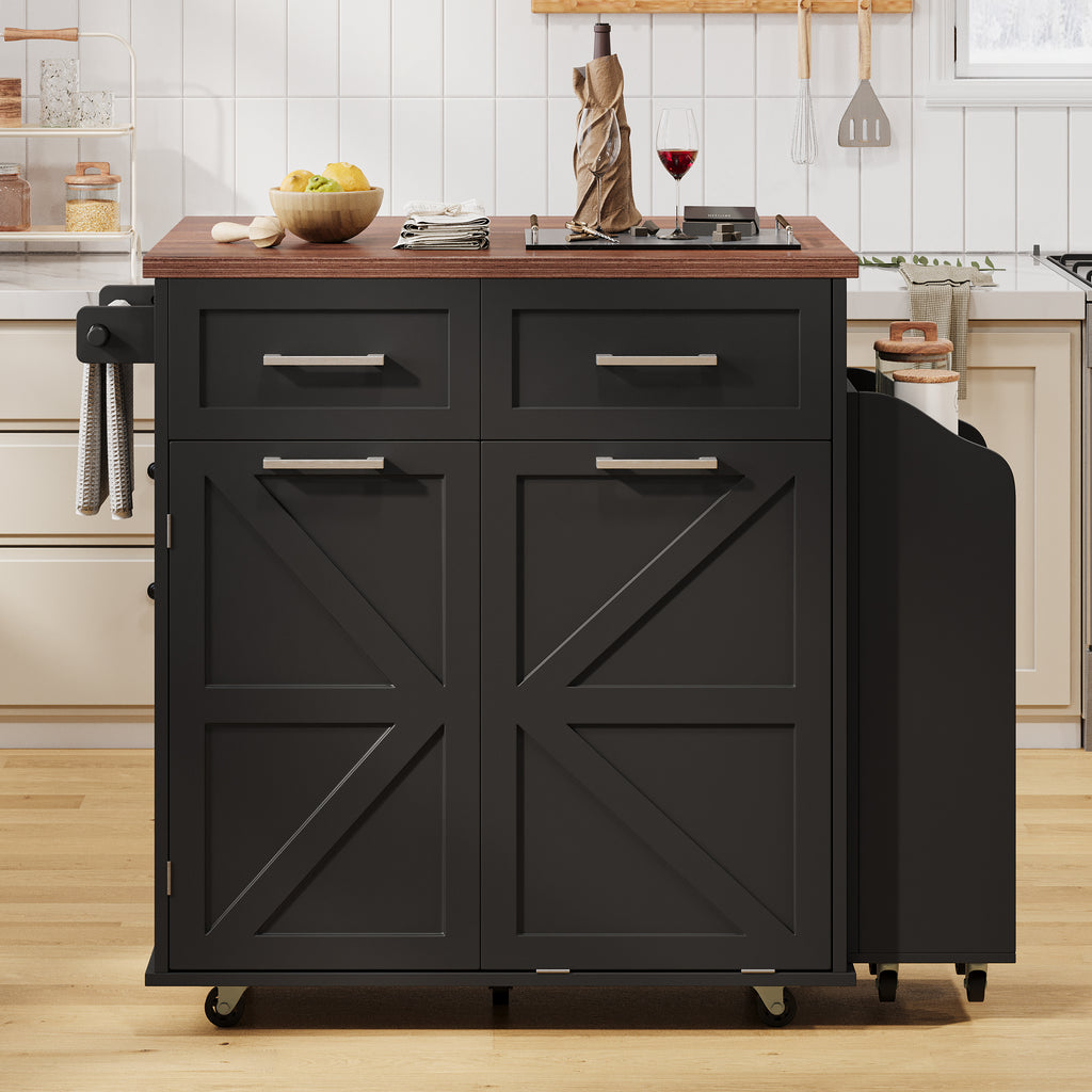 K&K 47.2' Farmhouse Kitchen Island with Drop Leaf, Kitchen Storage Island with Removable Side Racks, Two Drawers, Rolling Kitchen Cart on Wheels with Towel Rack, for Home, Kitchen, Dining Room, Black - Grand Goldman Shop