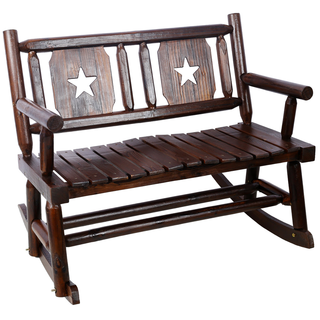 Outdoor Wood Rocking Bench Carbonized Double Rocking Chair for 2 Persons with Wide Curved Seat, Porch Rocker for Porch, Garden, Backyard, Rustic Brown - Grand Goldman Shop