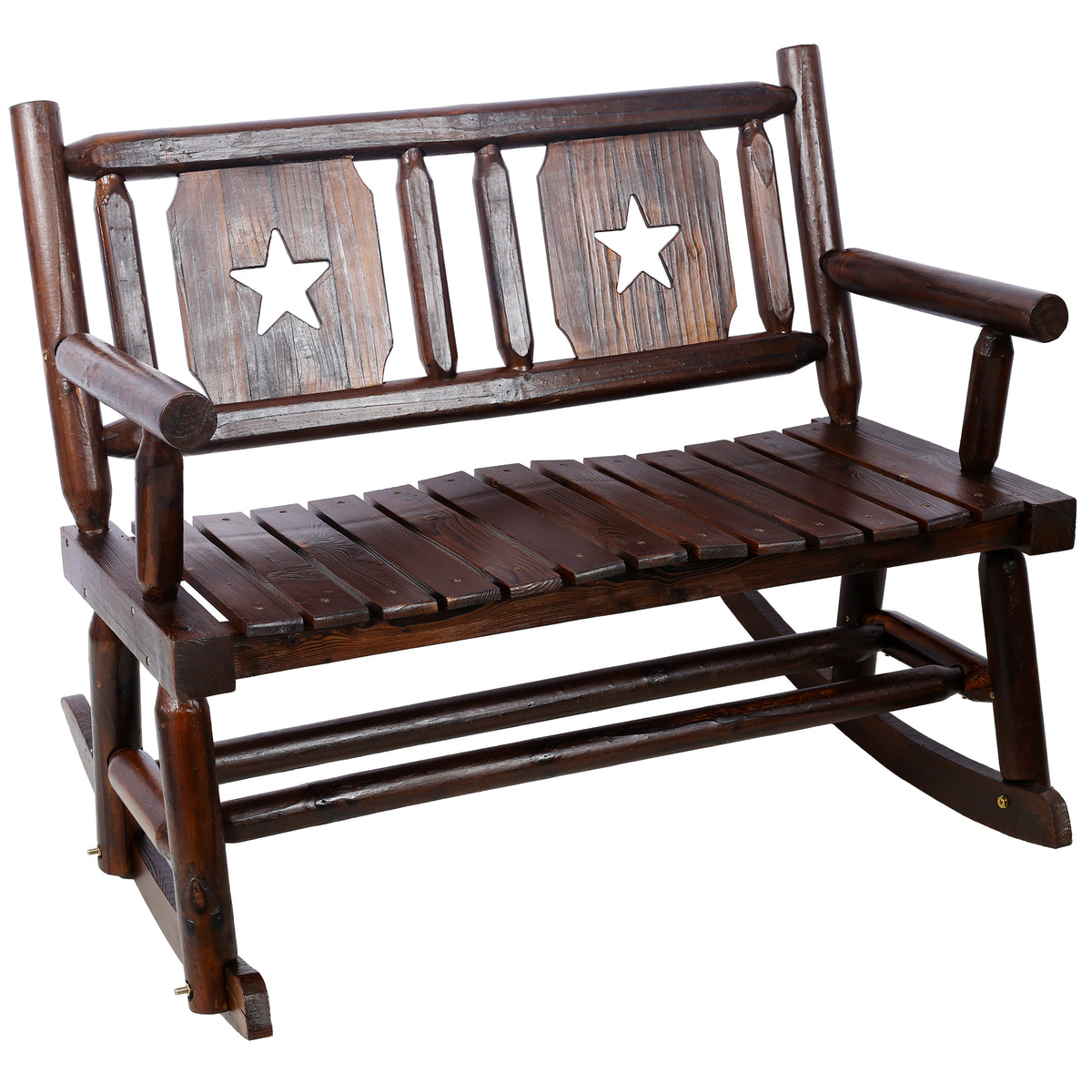 Outdoor Wood Rocking Bench Carbonized Double Rocking Chair for 2 Persons with Wide Curved Seat, Porch Rocker for Porch, Garden, Backyard, Rustic Brown - Grand Goldman Shop