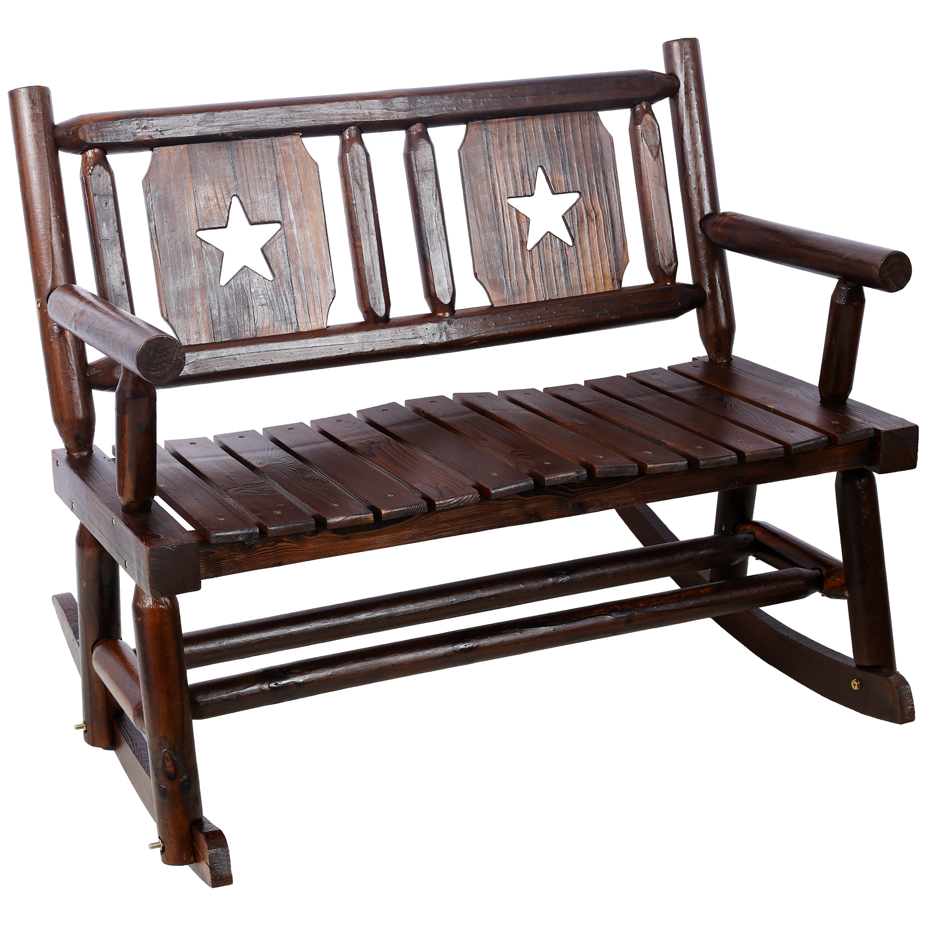 Outdoor Wood Rocking Bench Carbonized Double Rocking Chair for 2 Persons with Wide Curved Seat, Porch Rocker for Porch, Garden, Backyard, Rustic Brown - Grand Goldman Shop