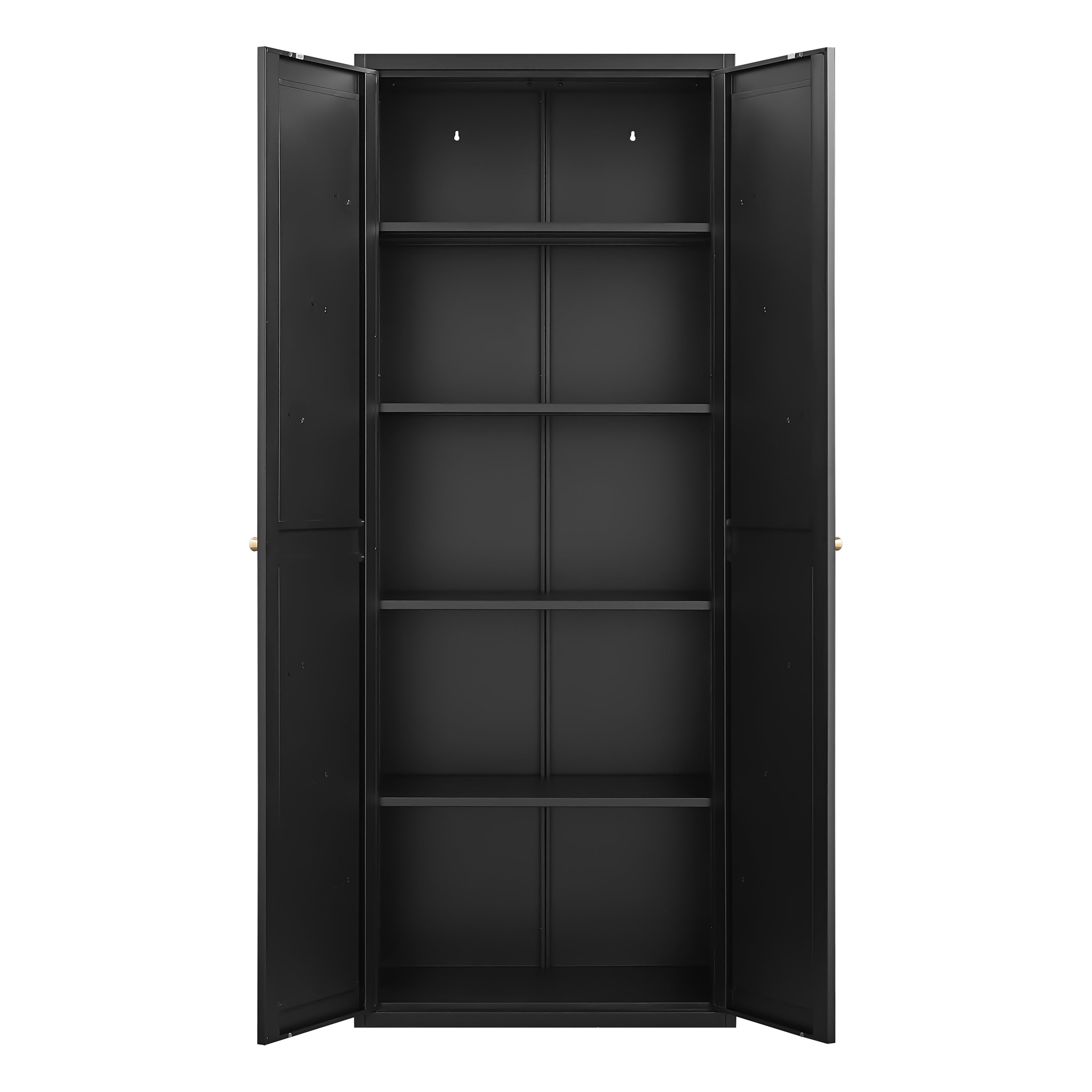 Black Metal Kitchen Pantry Cabinet with Adjustable Shelves and Gold Handles, Tall Steel Storage Locker for Kitchen, Living Ro