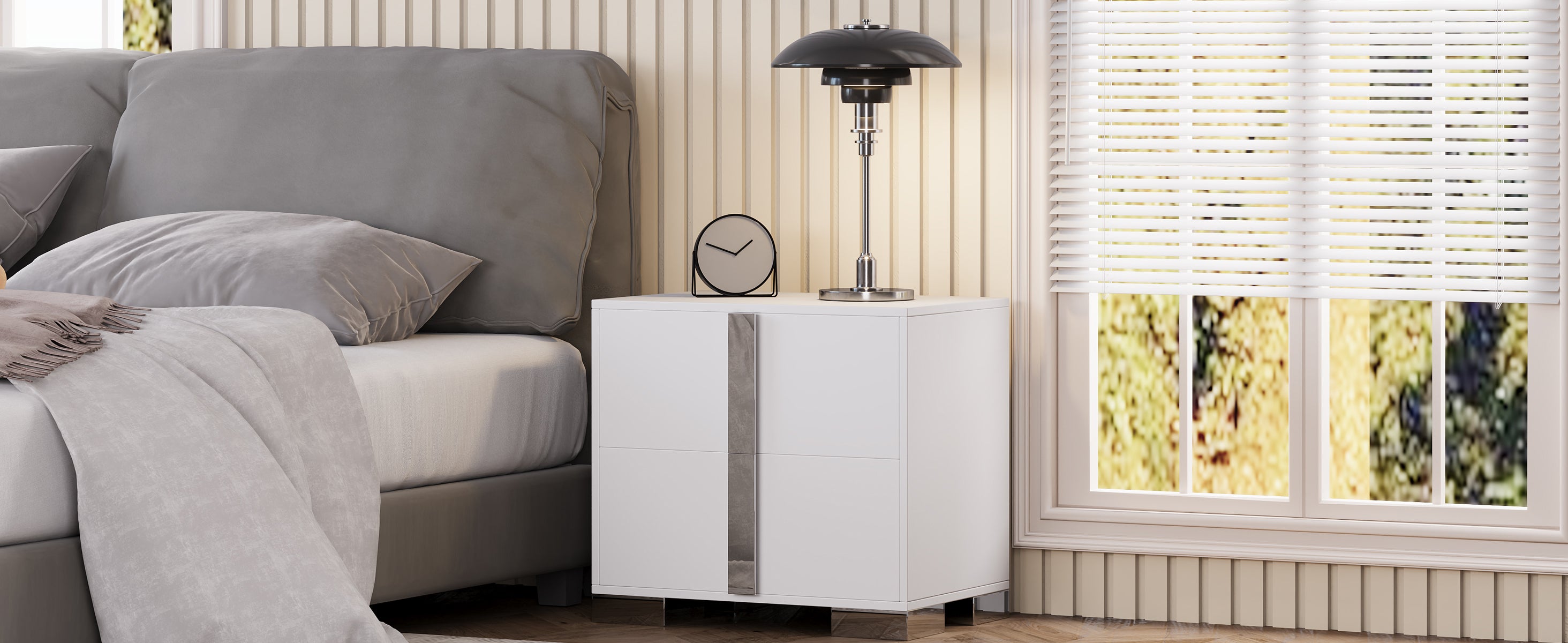 Modern End Table with Drawers, Elegant Nightstand with Metal Foot,Wood Bedside Table with Mirrored Metal Handles,Sofa Side End Table for Bedroom Living Room Office,White - Grand Goldman Shop