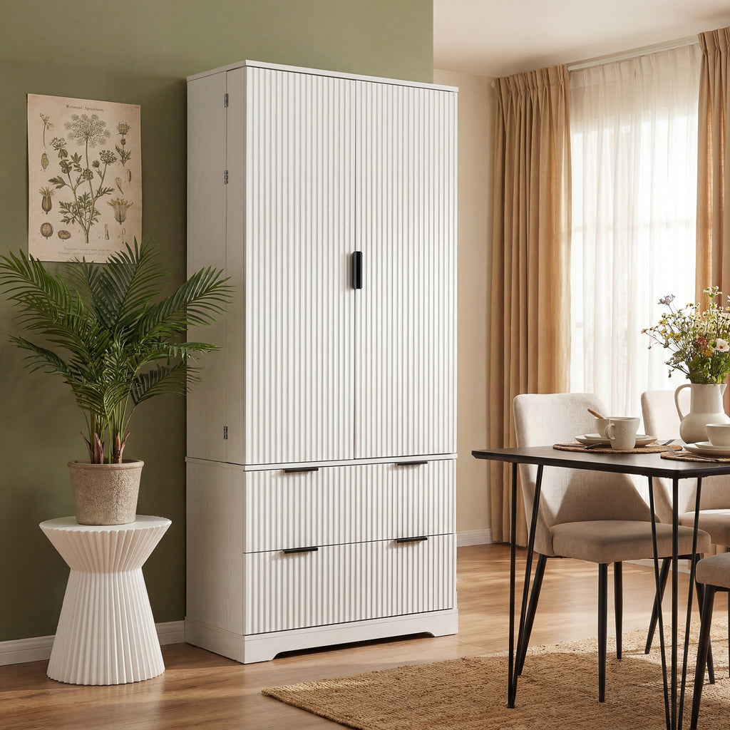 72' Modern Fluted Kitchen Pantry Cabinet with 2 Large Drawers & 8-Door Spice Rack, White MDF Freestanding Storage Organizer for Bathroom, Dining Room, Office, Entryway - Grand Goldman Shop