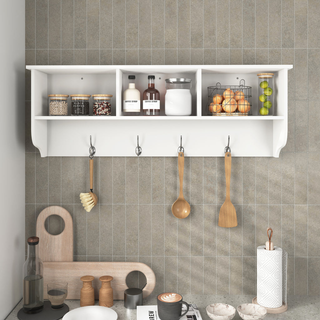 White Entryway Wall Mounted Coat Rack with 4 Dual Hooks Living Room Wooden Storage Shelf - Grand Goldman Shop