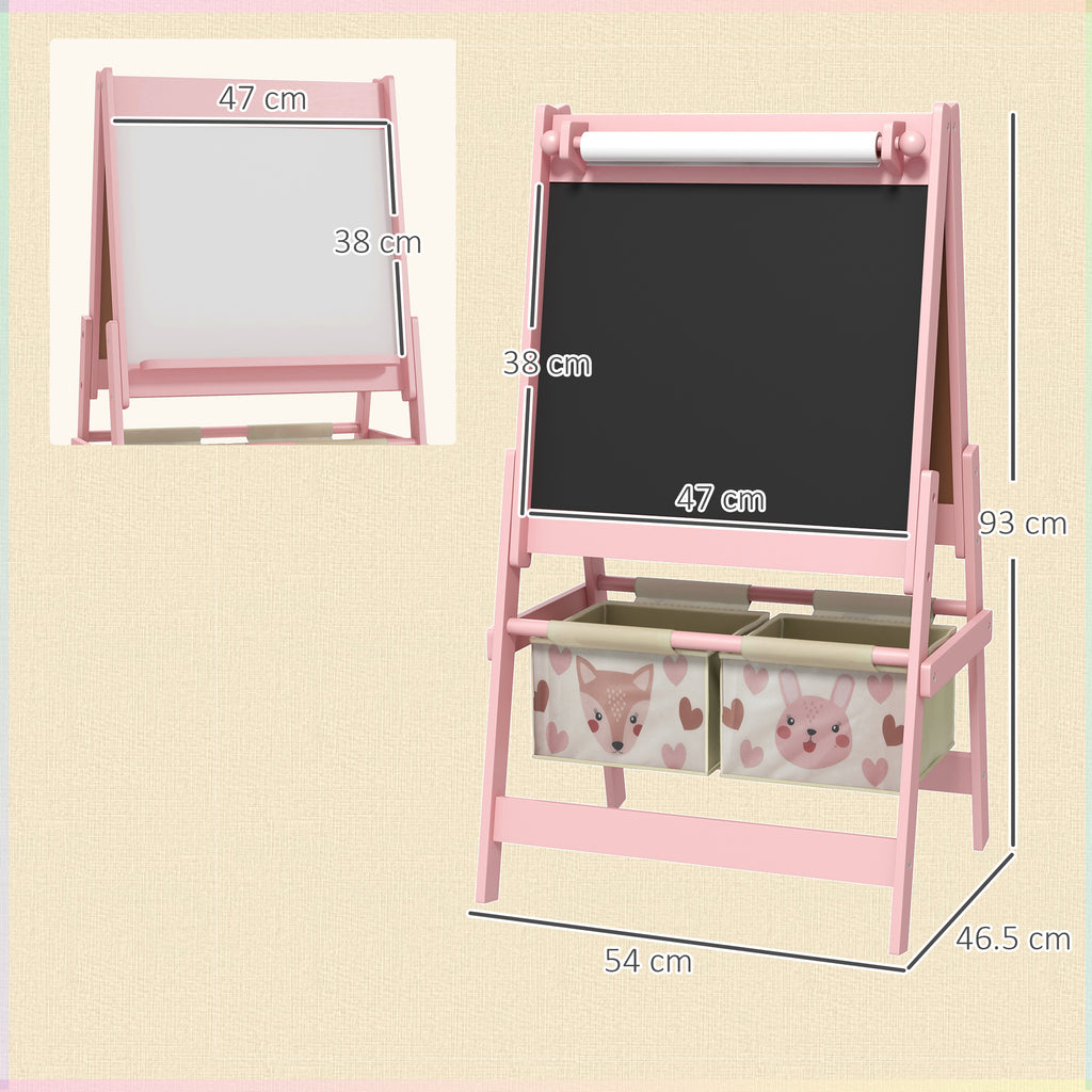 Qaba Art Easel for Kids with Paper Roll, 3 in 1 Toddler Painting Easel with Blackboard, Whiteboard, Storage Baskets, Pink | P