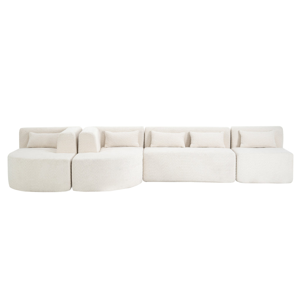 Modern Upholstered L-Shape Sofa with Chaise Lounge and Back Pillows, Beige Boucle Fabric, 144 inches - Grand Goldman Shop