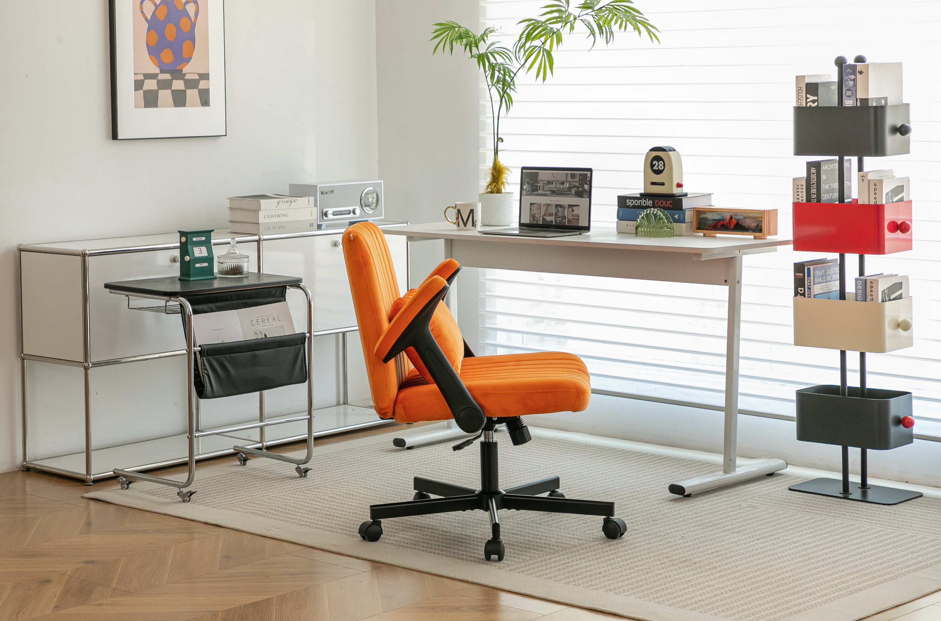 Orange Velvet Criss Cross Armrest Office Chair with Wheels - Stylish for Home Office, Gaming & Makeup - Grand Goldman