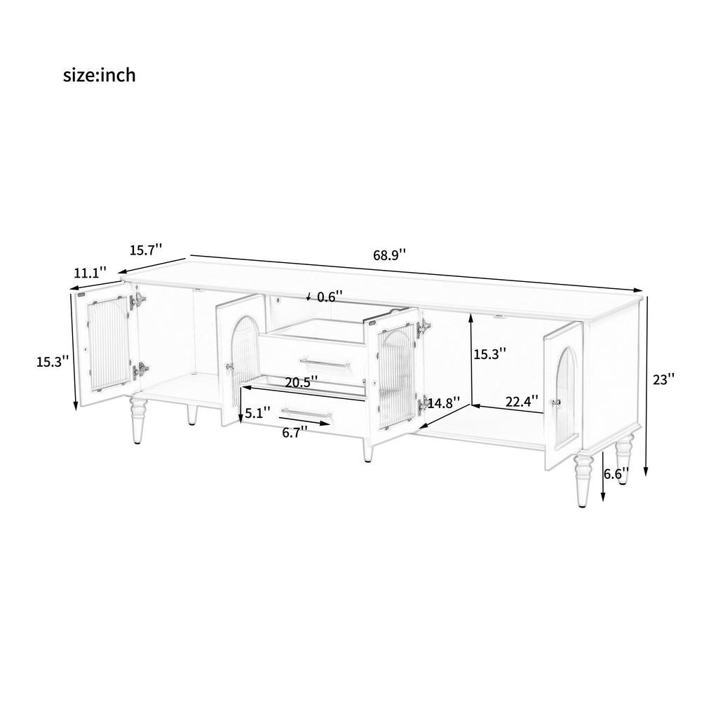 68.9'' Retro TV Stand for TVs up to 75 Inches, Entertainment Center Media Console with Fluted Glass Doors and Five Solid Wood Legs for Living room - Grand Goldman Shop