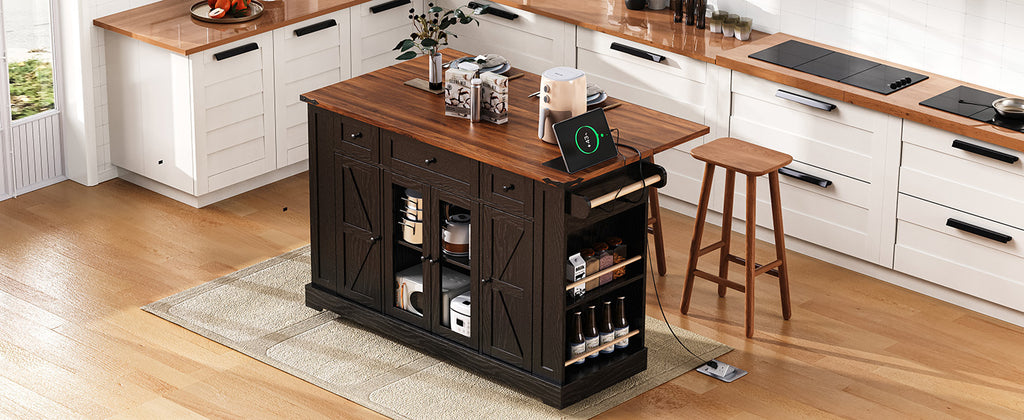 K&K 53'' Farmhouse Kitchen Island with Two Tempered Glass Cabinet Doors, Power Outlet, Rolling Kitchen Cart on Wheels with Drop Leaf, 5 Open Side Racks, 3 Drawers, for Kitchen, Dining Room, Black - Grand Goldman Shop