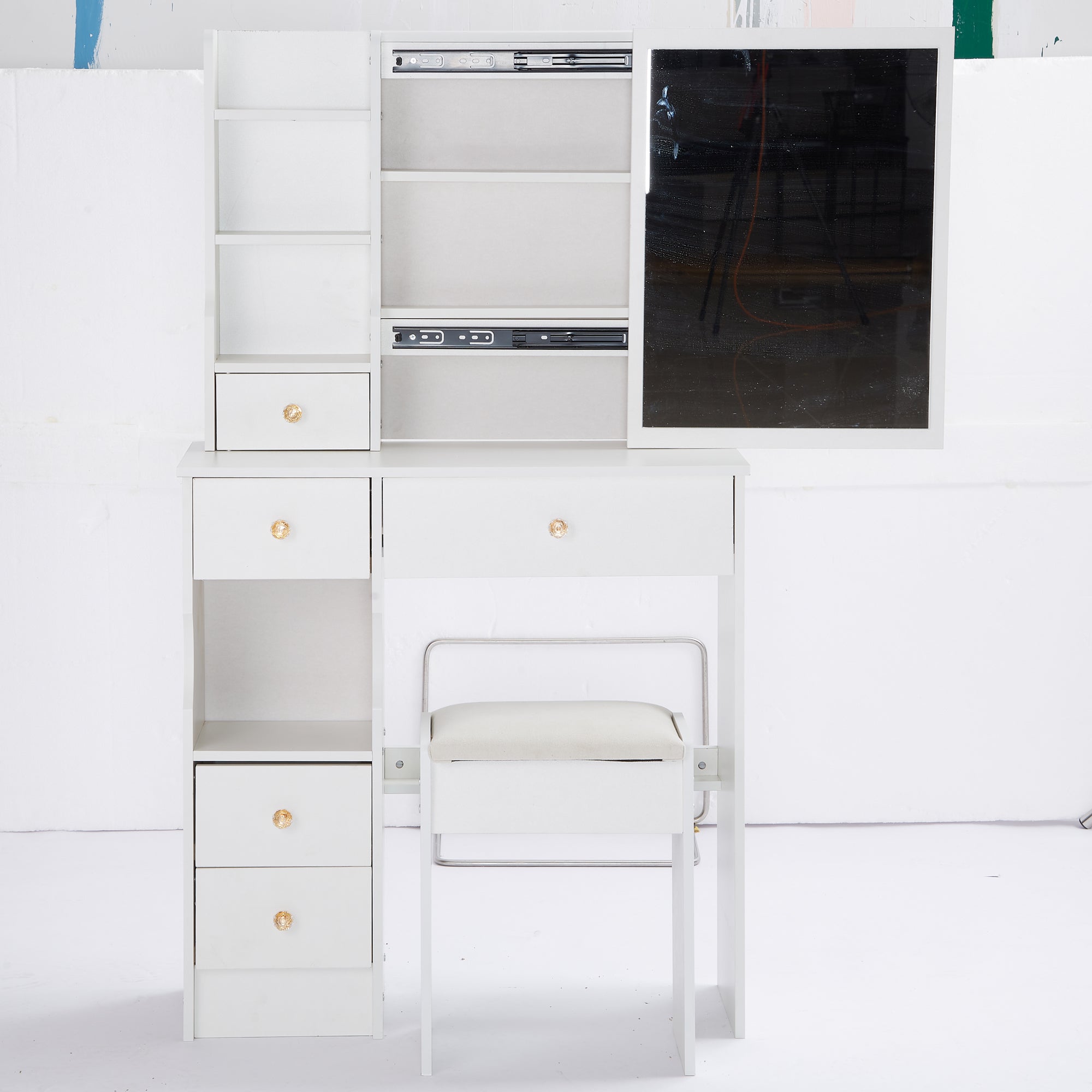 29.2' Small Space Left Drawer Desktop Vanity Table + Cushioned Stool, Extra Large Right sliding mirror, Multi Layer High Capacity Storage, Practical Fashionable Dresser, Suitable For Small Space - Grand Goldman Shop