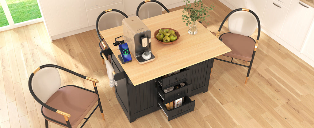 K&K 55.7'' Large Kitchen Island with 2 Drop Leaf,, Rolling Kitchen Cart on 5 Wheels with Power Outlet, Folding Storage Dining Table with Spice & Towel Rack , 3 Drawers, for Kitchen, Dining Room,Black - Grand Goldman Shop