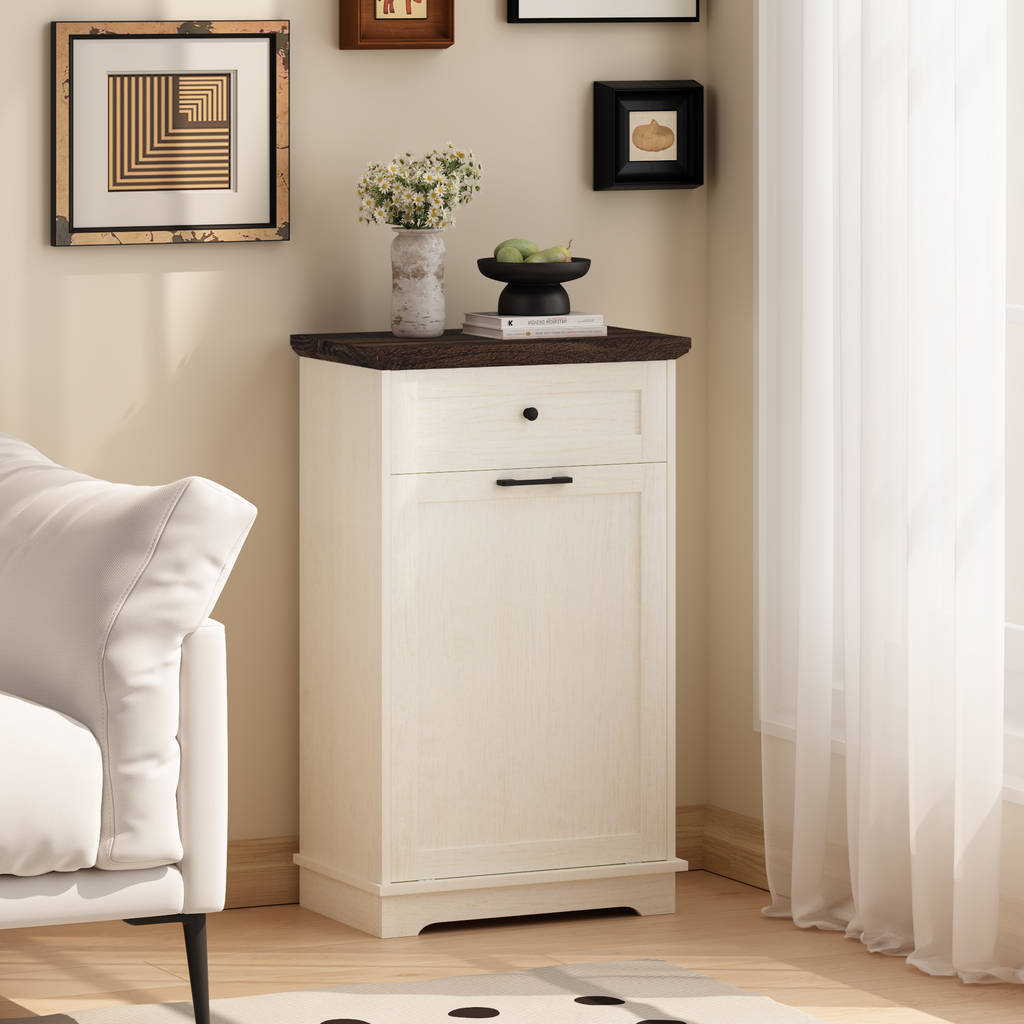 10 Gallon Tilt Out Trash Cabinet Freestanding Trash Bin Cabinet Wood Garbage Recycling Cabinet with Drawer Pet Proof Trash Can Holder for Kitchen Living Room, Antique White (Not include trash can) - Grand Goldman Shop