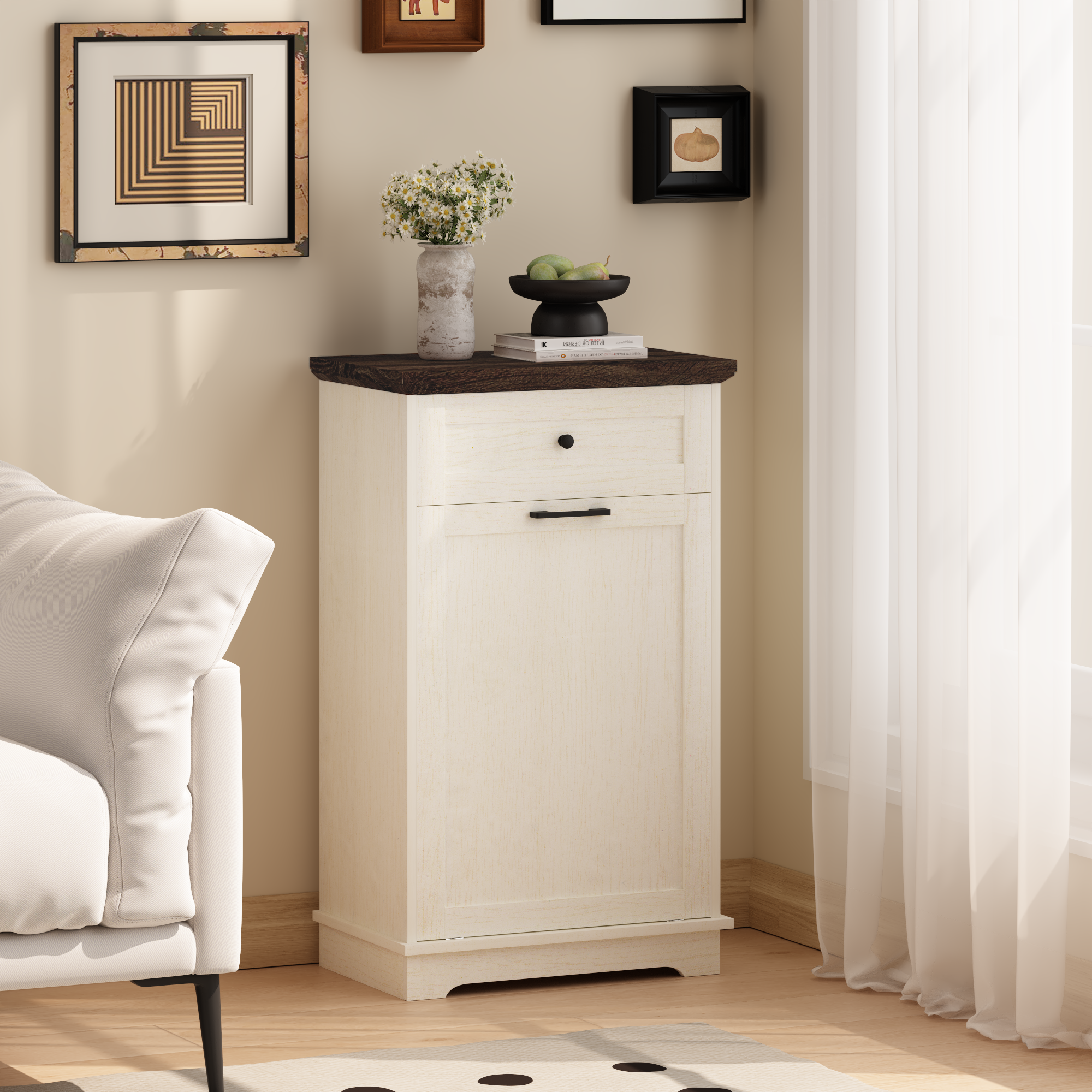 10 Gallon Tilt Out Trash Cabinet Freestanding Trash Bin Cabinet Wood Garbage Recycling Cabinet with Drawer Pet Proof Trash Can Holder for Kitchen Living Room, Antique White (Not include trash can) - Grand Goldman Shop