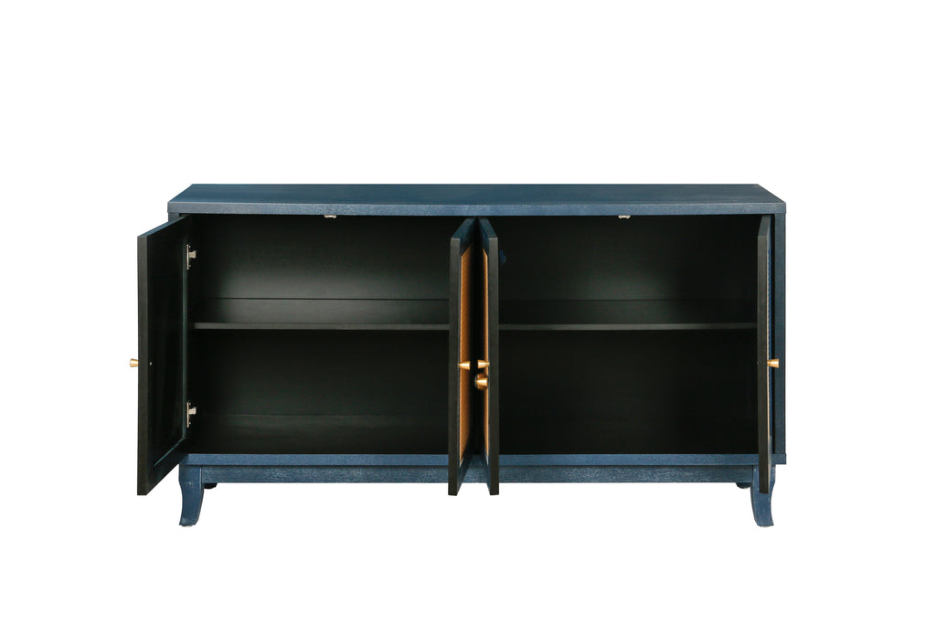 Handcrafted Premium Grain Panels,Rattan Sideboard Buffer Cabinet,Accent Storage Cabinet With 4 Rattan Doors, Modern Storage Cupboard Console Table with Adjustable Shelves for Living Room ,BLUE - Grand Goldman Shop