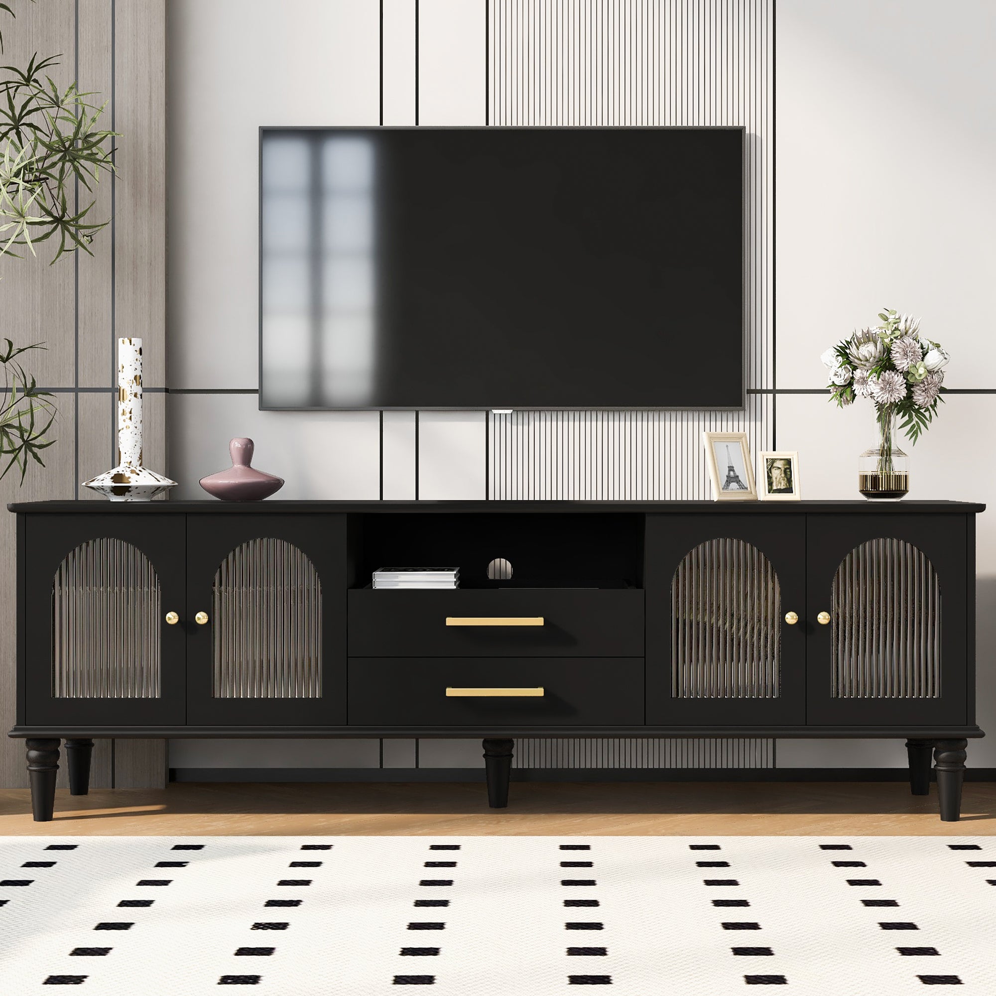 68.9'' Retro TV Stand for TVs up to 75 Inches, Entertainment Center Media Console with Fluted Glass Doors and Five Solid Wood Legs for Living room - Grand Goldman Shop