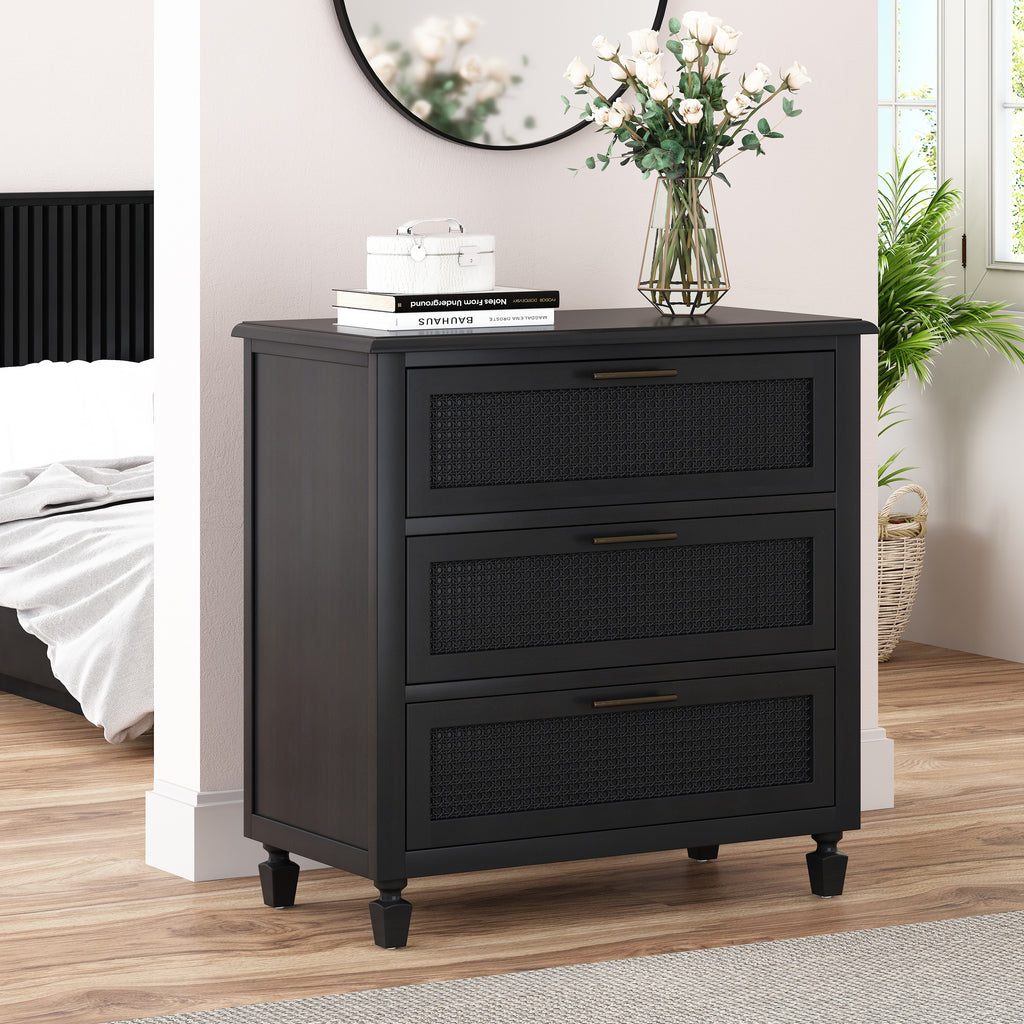 Newell Rustic Acacia Wood and Cane 3 Drawer Dresser - Grand Goldman Shop