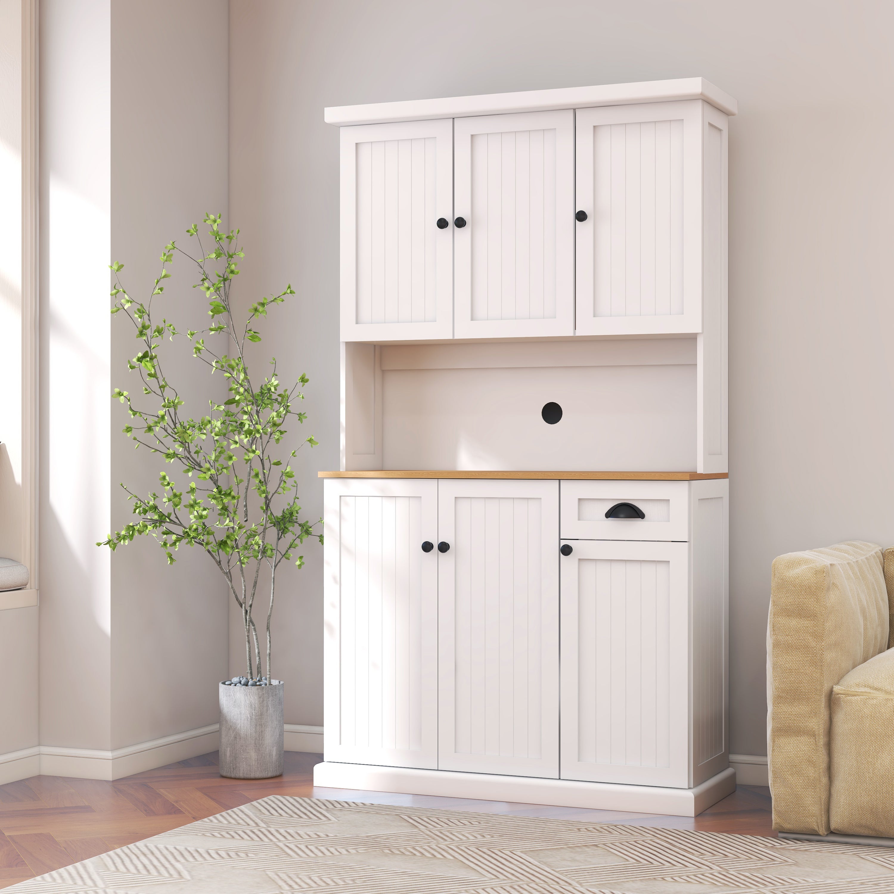 71' Kitchen Pantry Storage Cabinet with Microwave Oven Countertop, Freestanding Hutch Cabinet with Adjustable Shelves, 6 Doors and 1 Drawer-White - Grand Goldman Shop