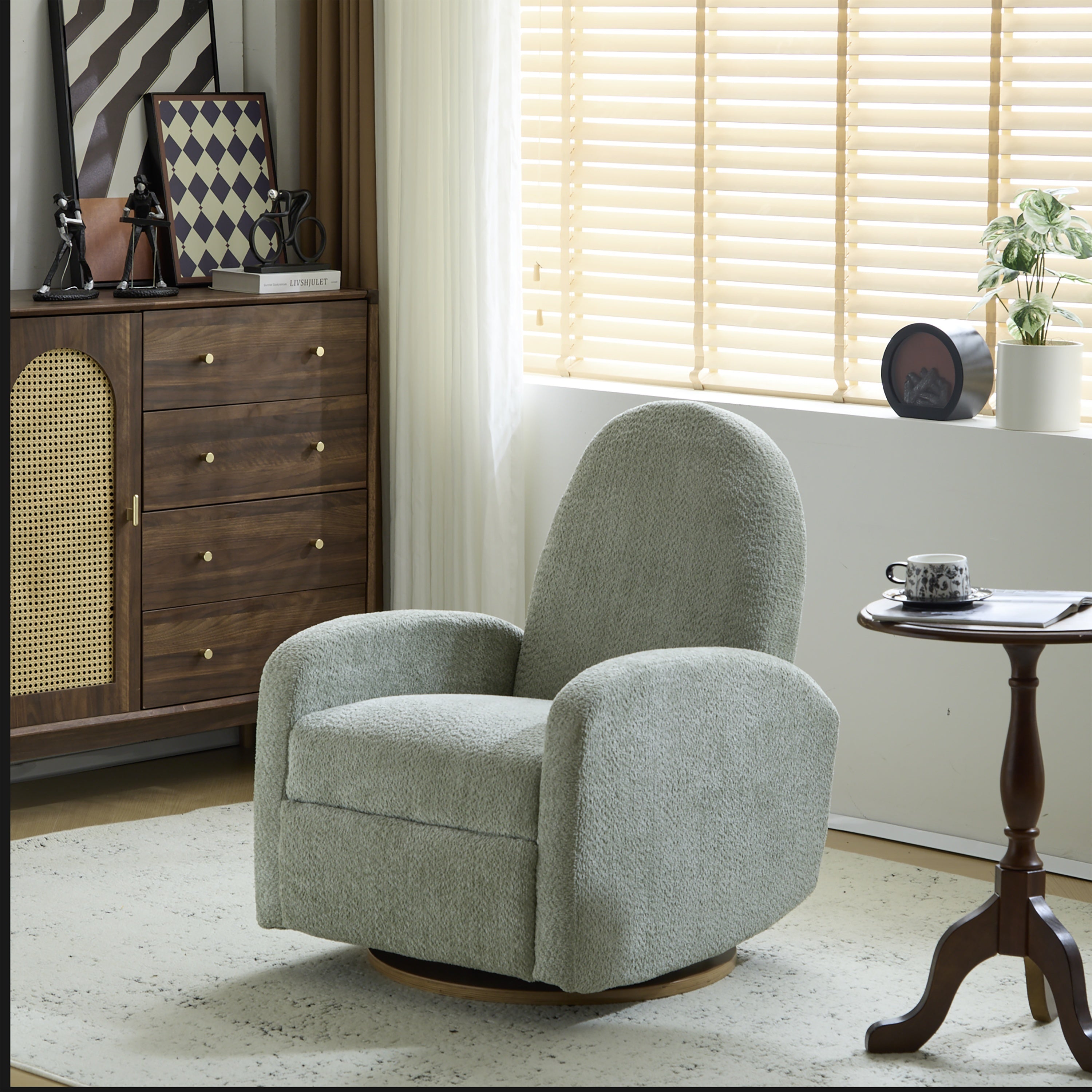 Modern 360 Swivel and Glider Recliner Chair in Light Green Boucle with Solid Wood Base - Grand Goldman Shop