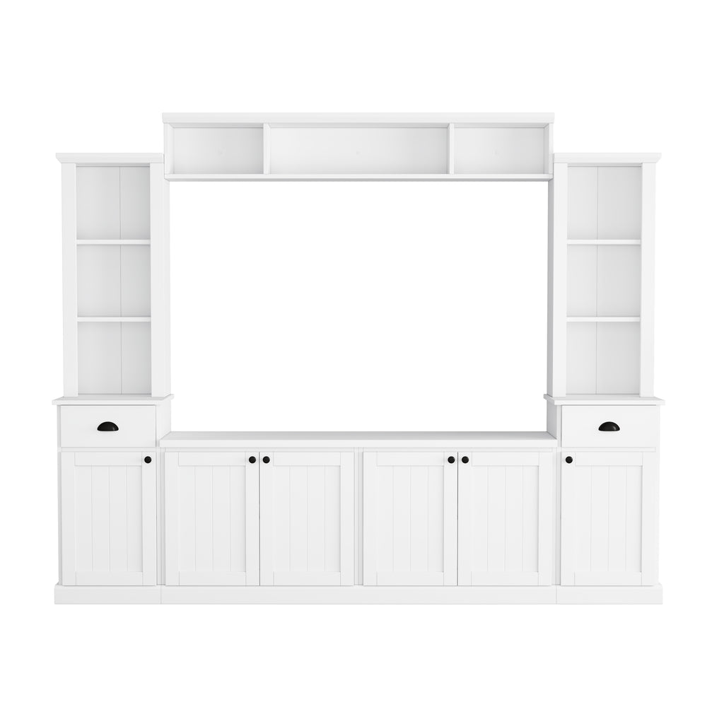 Minimalist Entertainment Wall Unit Set with Bridge for TVs Up to 75'', Ample Storage Space TV Stand with Adjustable Shelves, Modernist Large Media Console for Living Room, White - Grand Goldman Shop