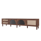 Modern 86 inch TV Stand for TVs up to 90 inches, Dark Brown Rattan Design with App-Controlled LED Lights, 2 Drawers & Glass Door Storage, MDF and Solid Wood Media Console - Grand Goldman Shop