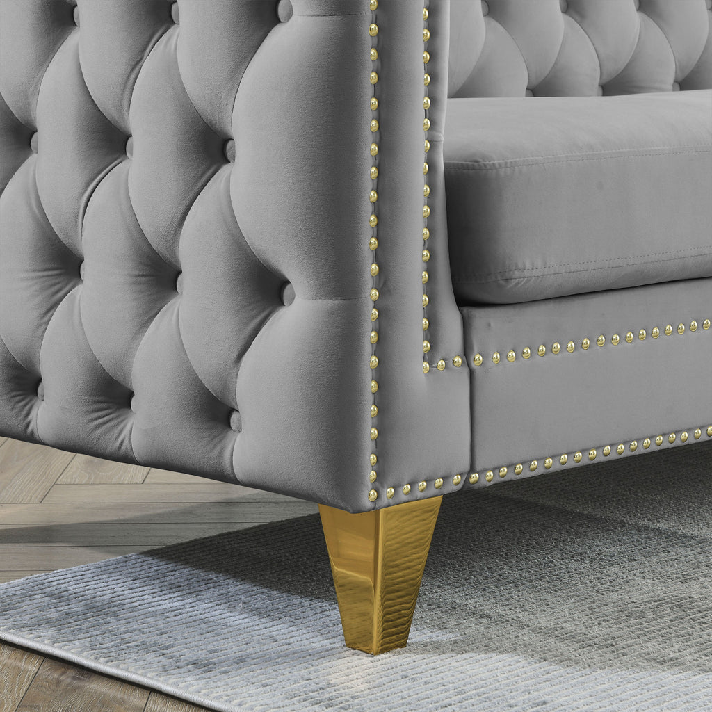 Modern Velvet Sofa with Button Tufting and Metal Legs, Grey Upholstered Couch for Living Room or Bedroom, 3-Seater, Solid Wood Frame, Soft Cotton-Filled Cushions - Grand Goldman Shop